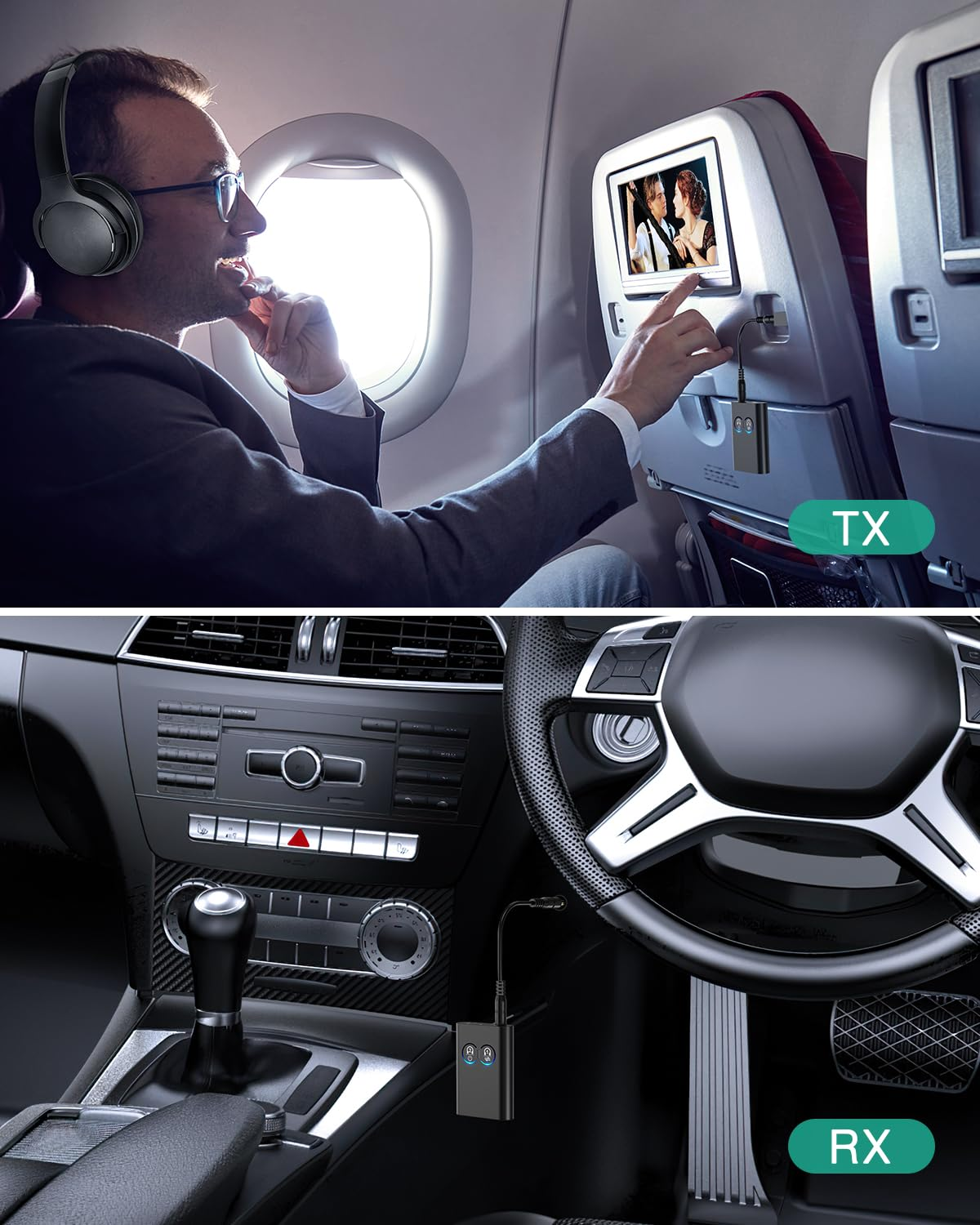 Zwei Bilder, die einen Mann mit Kopfhörern und ein Gerät im Flugzeug bzw. im Auto zeigen.