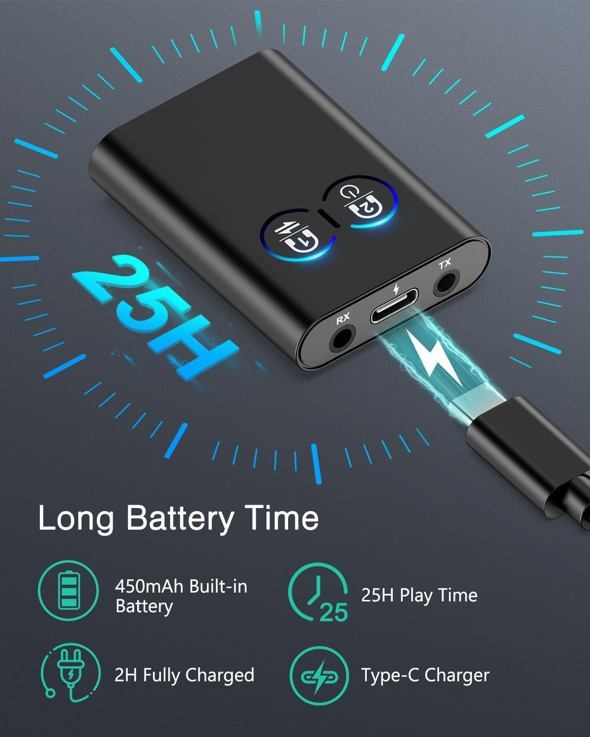 Schwarzer Bluetooth-Empfänger mit Symbolen für Akkulaufzeit, Aufladen und Spielzeit.