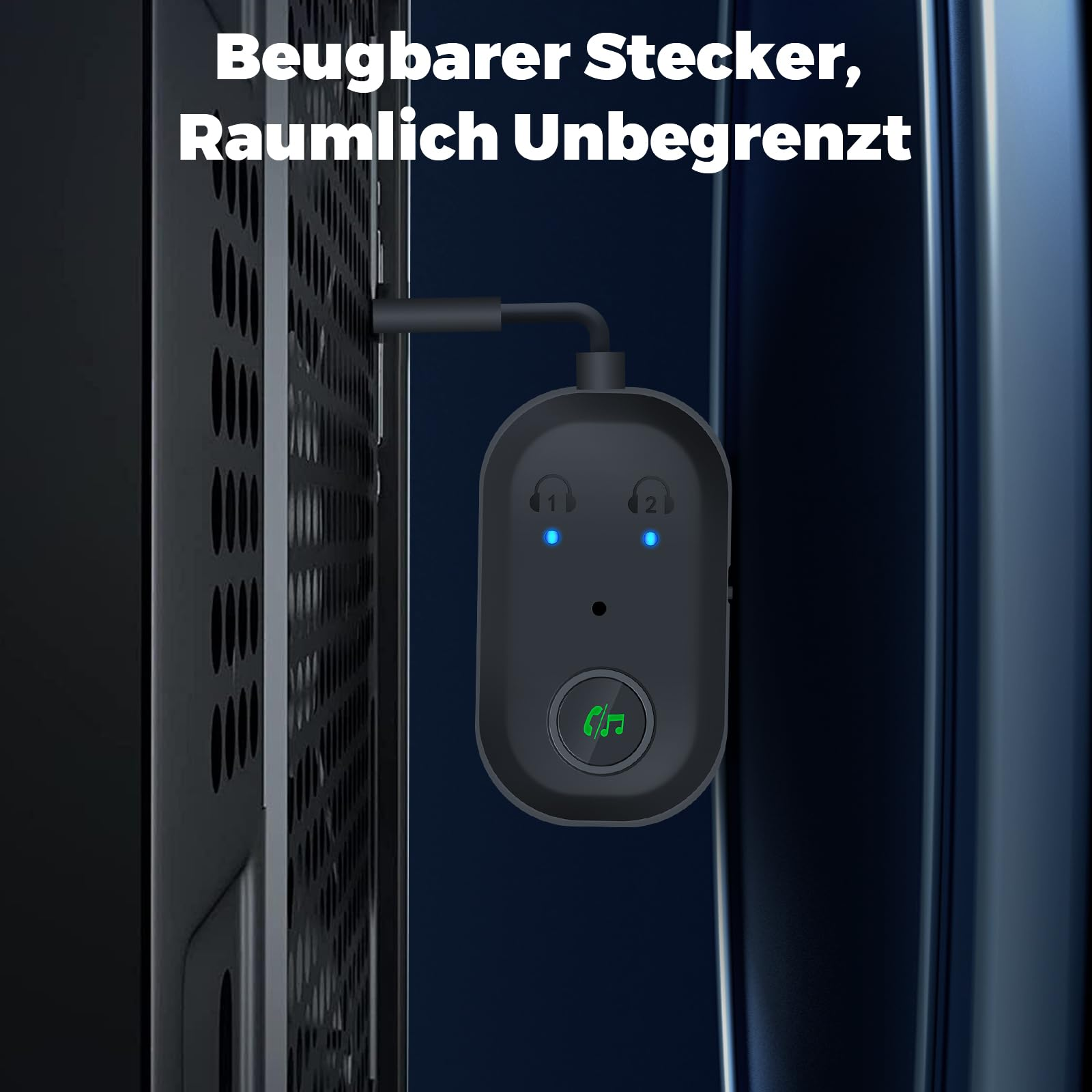 Ein schwarzes Gerät, das mit einem Computer verbunden ist. Es hat zwei Lichter und eine Taste mit einer Musiknote.