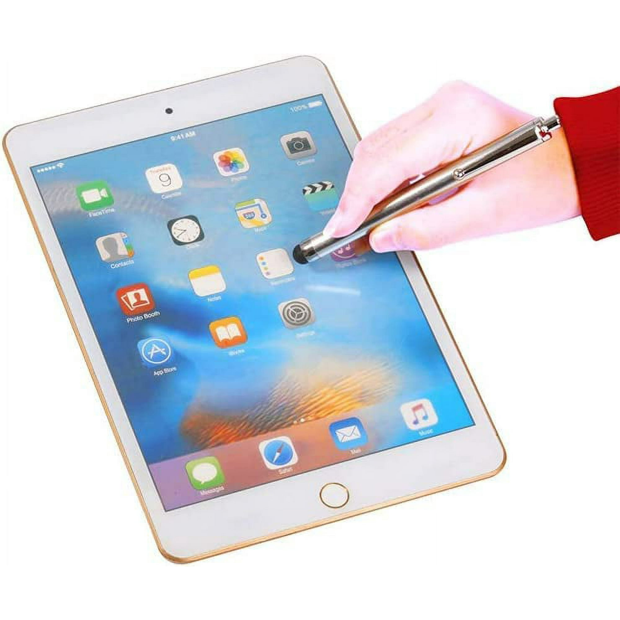 Hand benutzt Stift auf Tablet. Tablet zeigt Apps. Hintergrund ist weiß.