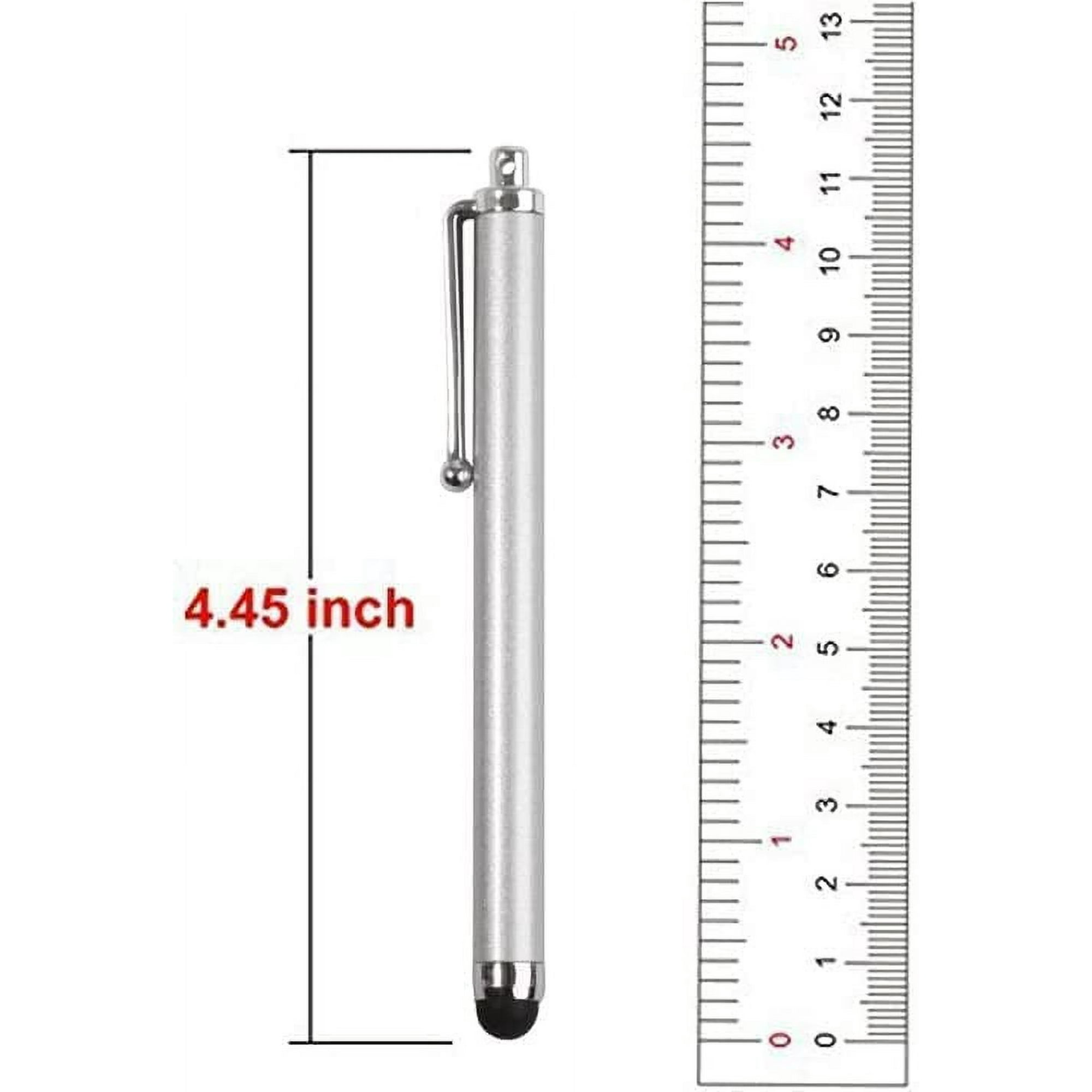 Ein silberner Stylus-Stift neben einem Lineal, mit 4,45 Zoll Messung.