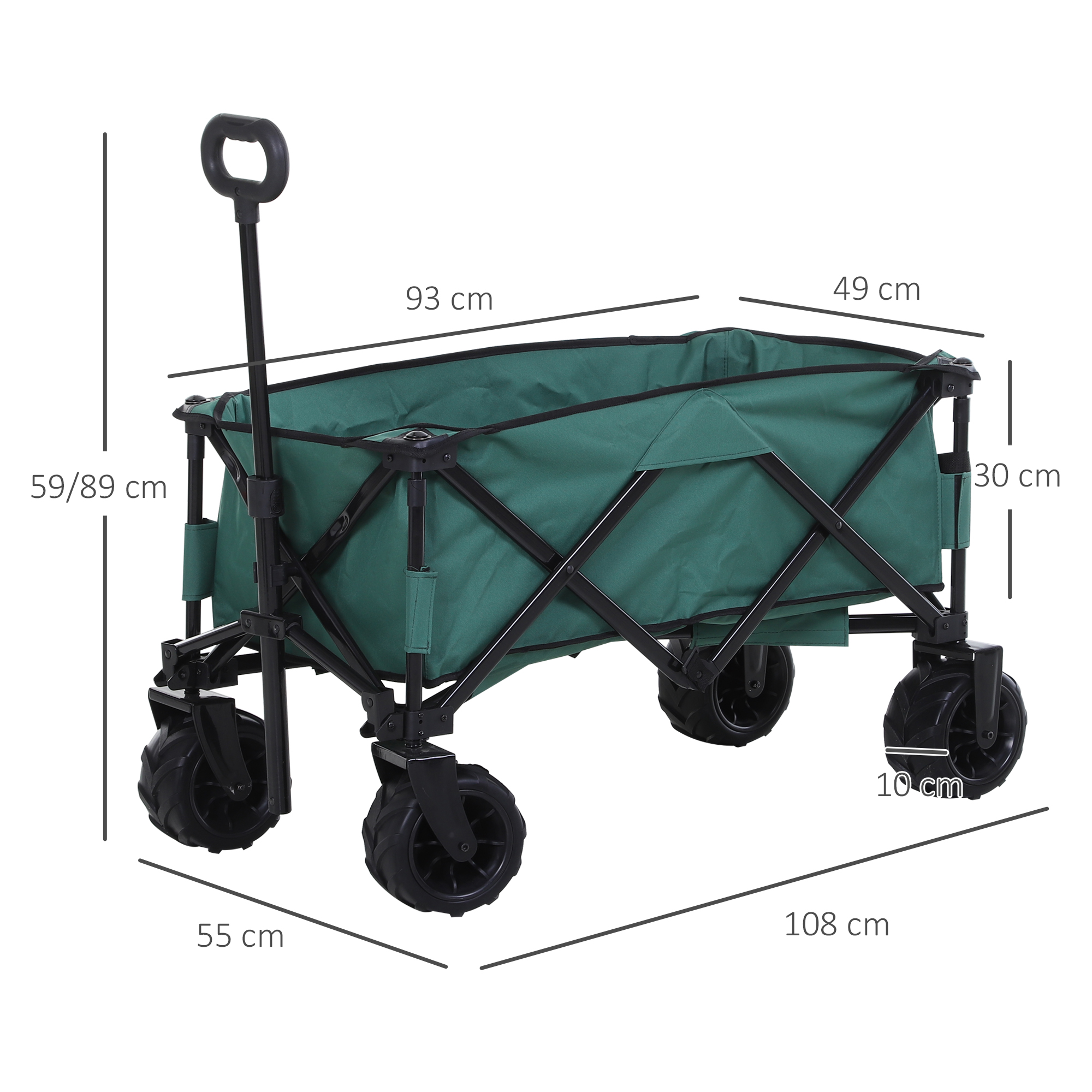 Grüner Klappwagen mit schwarzem Rahmen und Rädern, Maße auf dem Bild gekennzeichnet.