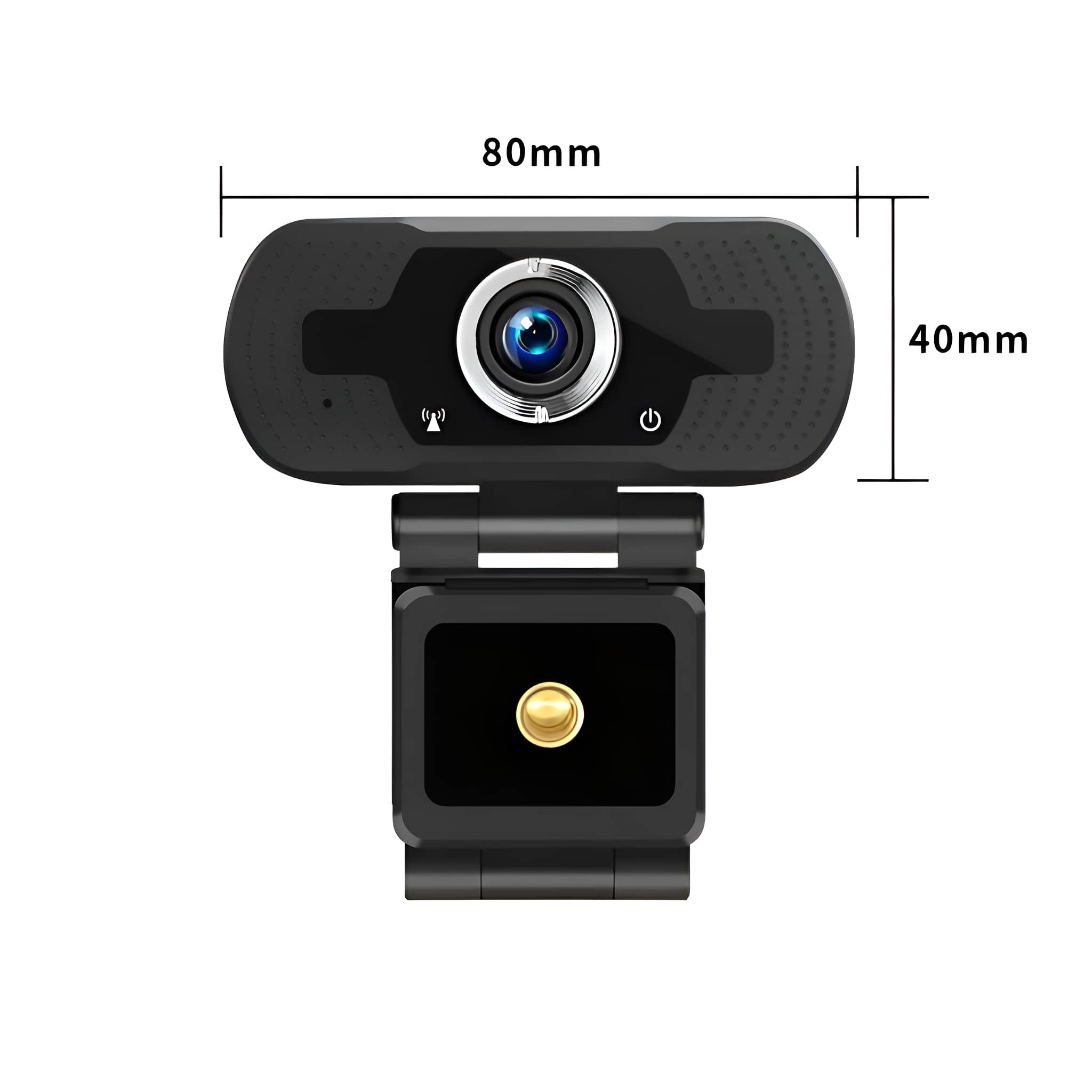 Eine schwarze Webcam mit Abmessungen. Die Webcam zeigt eine Linse und einen Ständer zur Montage.