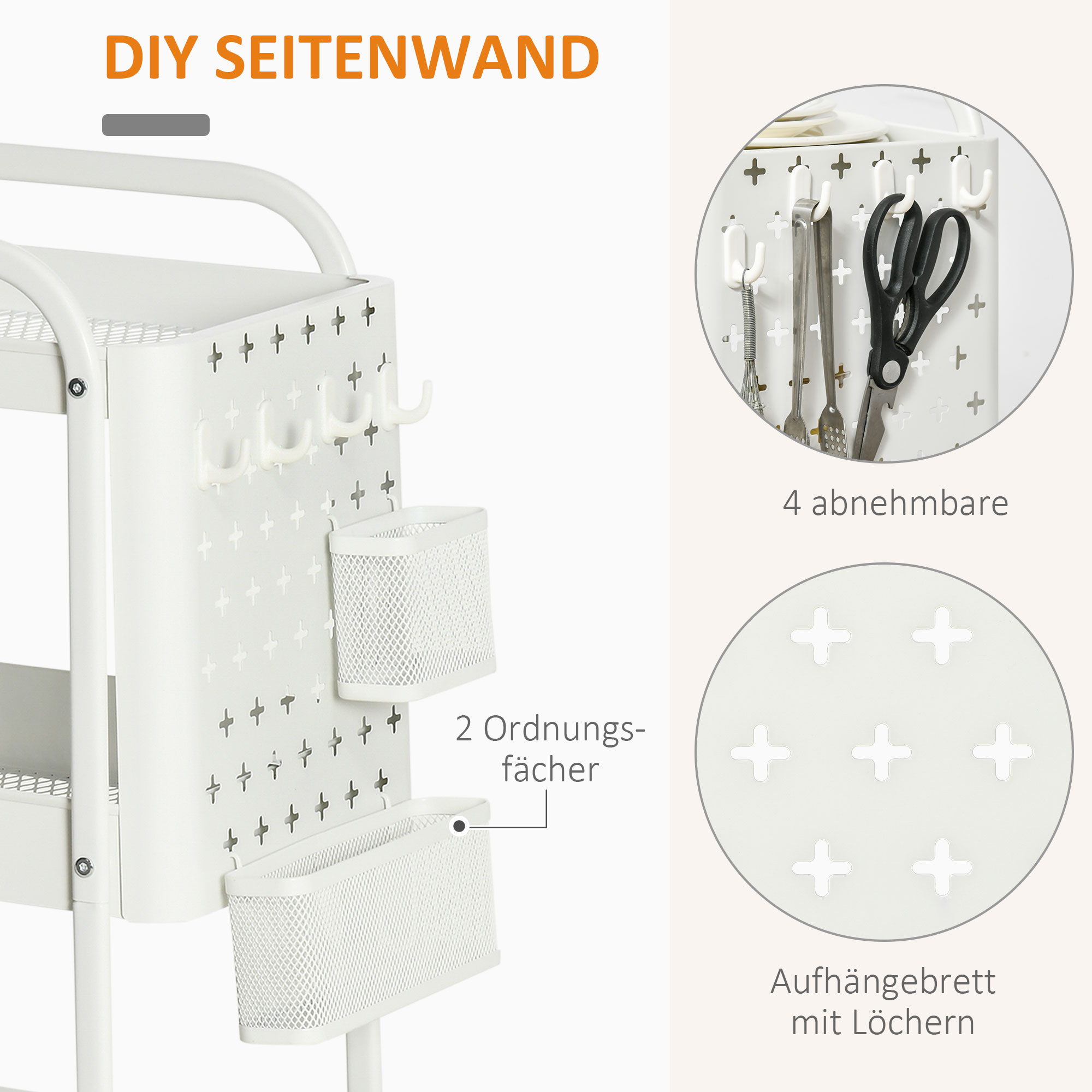 Weißer Wandorganizer mit Haken und Behältern. Enthält Schere und andere hängende Gegenstände.