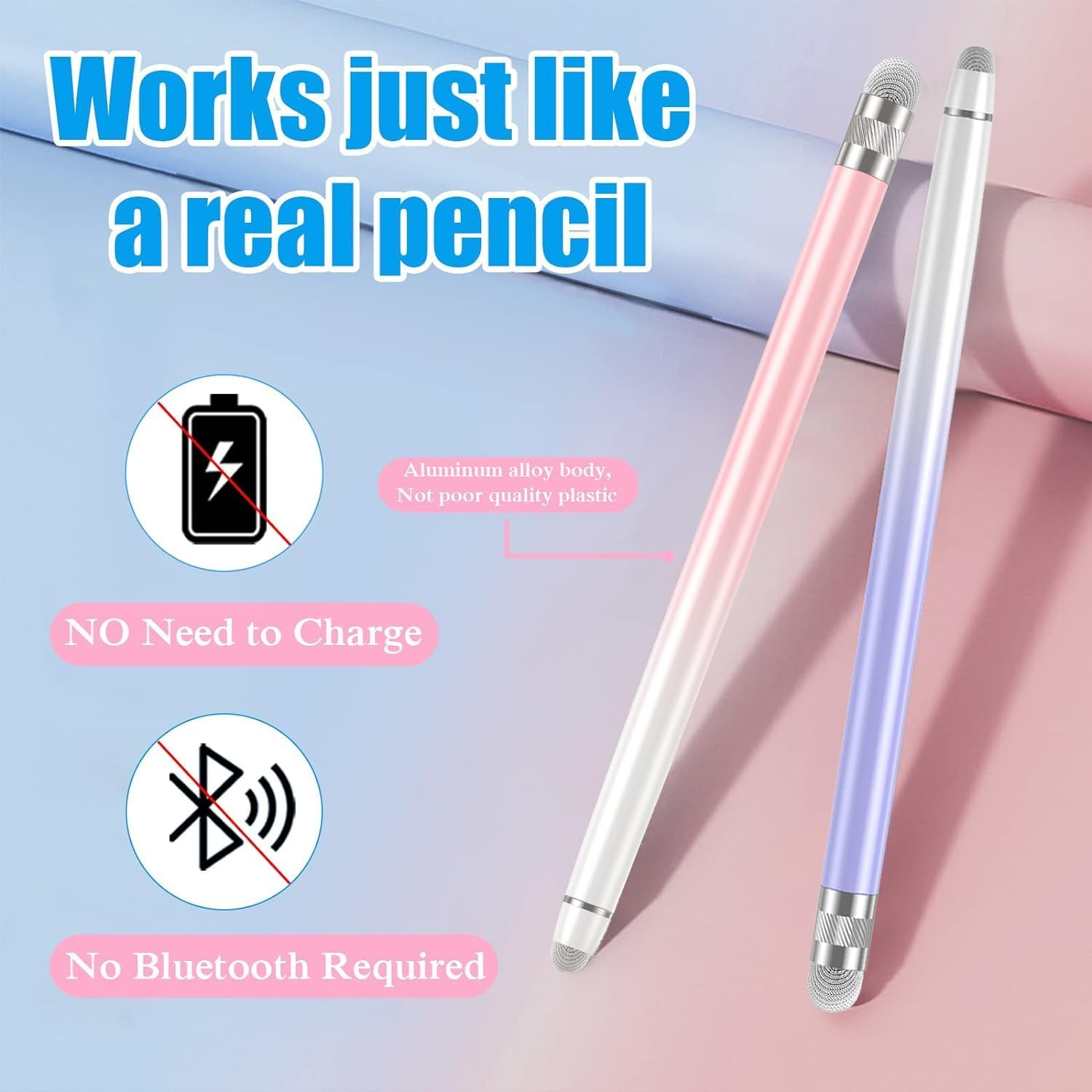 Zwei Stifte, einer rosa und einer weiß, mit Text über kein Aufladen und kein Bluetooth.