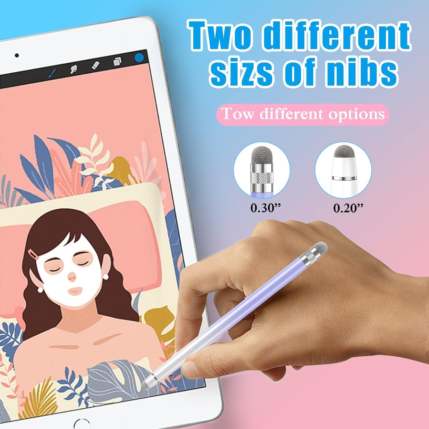 Eine Person, die einen Stift auf einem Tablet verwendet, zwei Spitzenoptionen werden gezeigt: 0,30 und 0,20 Zoll Spitzen.