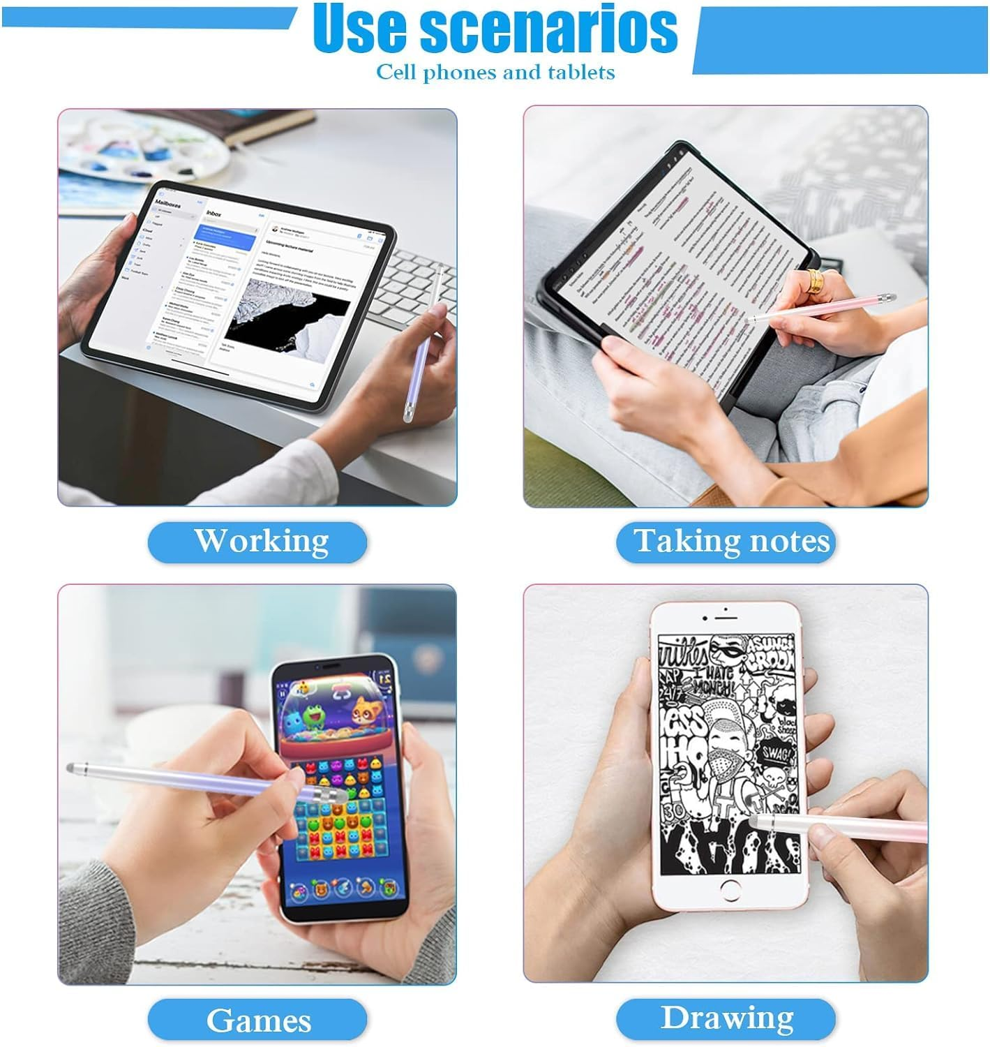 Vier Bilder der Nutzung von Handy und Tablet mit Stift zum Arbeiten, Notizen, Spielen und Zeichnen.
