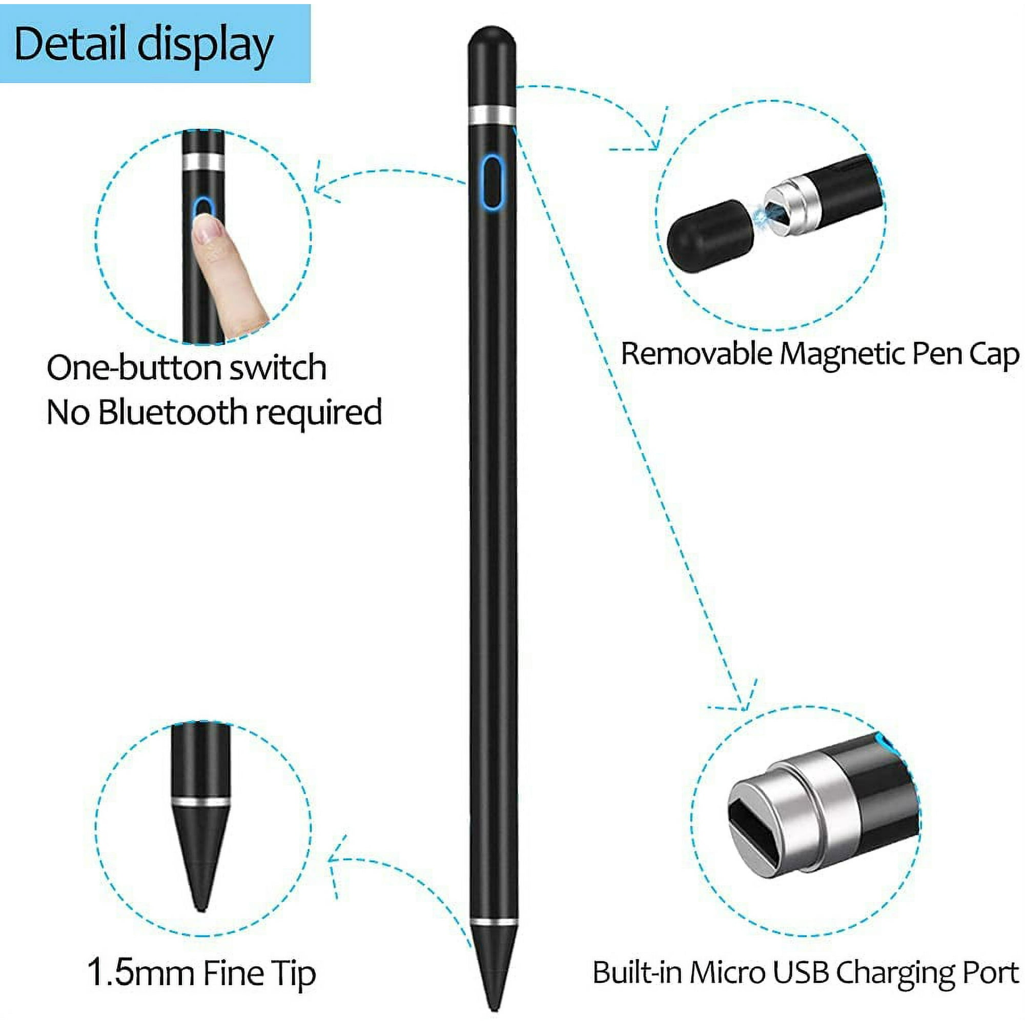 Schwarzer Stylus-Stift. Verschiedene Funktionen werden hervorgehoben, wie z. B. die Spitze und der Ladeanschluss.