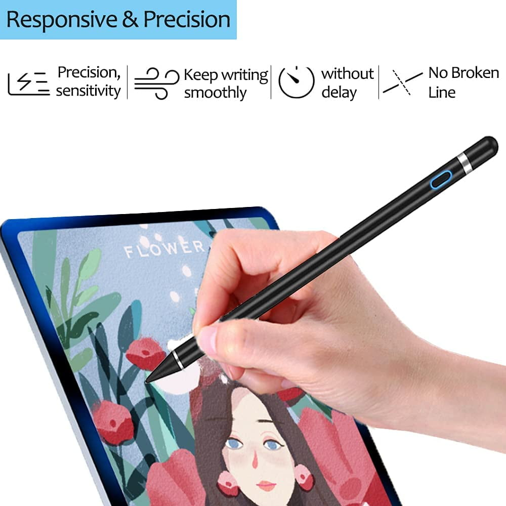 Eine Hand, die einen schwarzen Stift über einem Tablet mit einer Zeichnung hält.