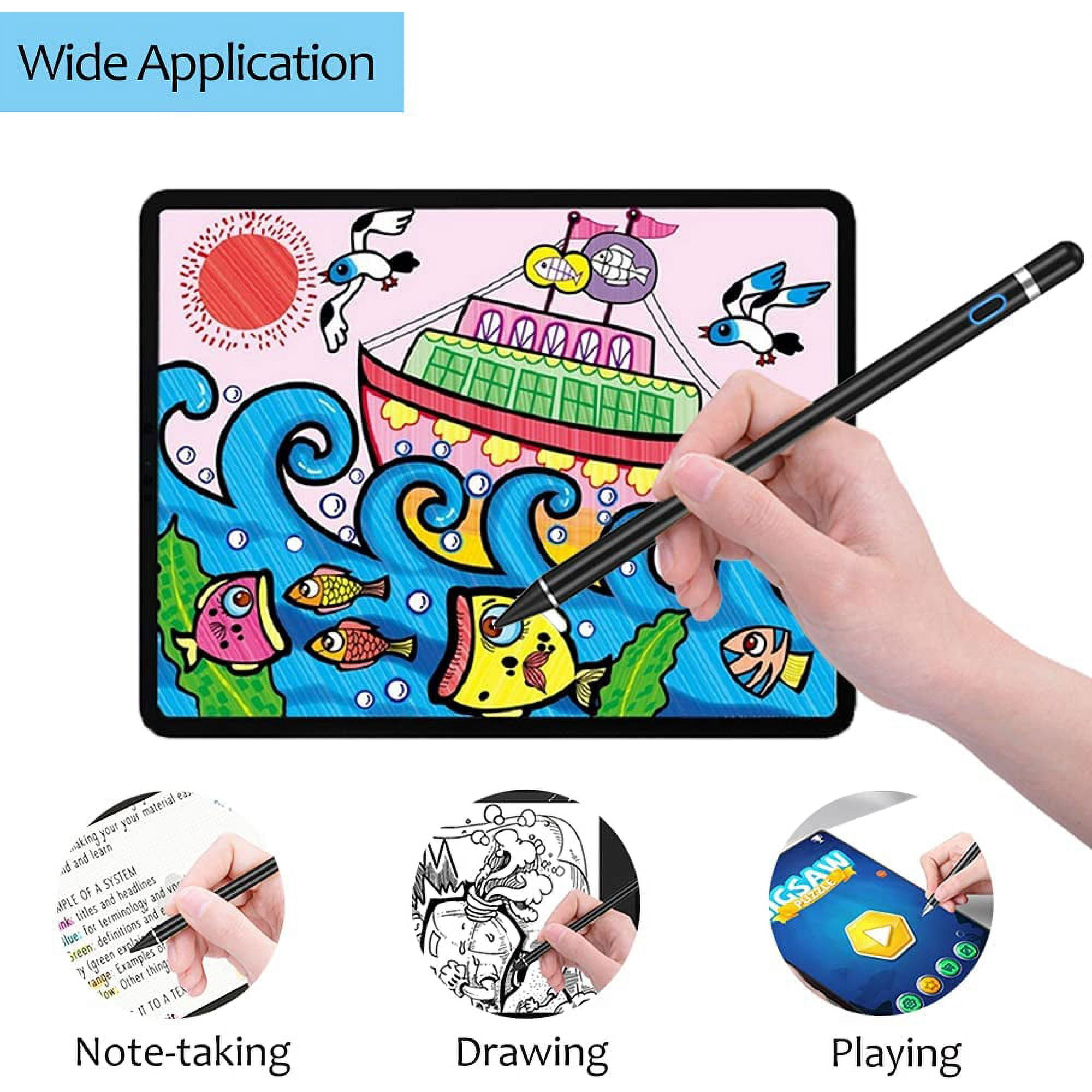 Ein Tablet zeigt eine Zeichnung eines Bootes auf dem Wasser. Eine Hand hält einen Stift. Notizen, Zeichnen und Spielen werden gezeigt.