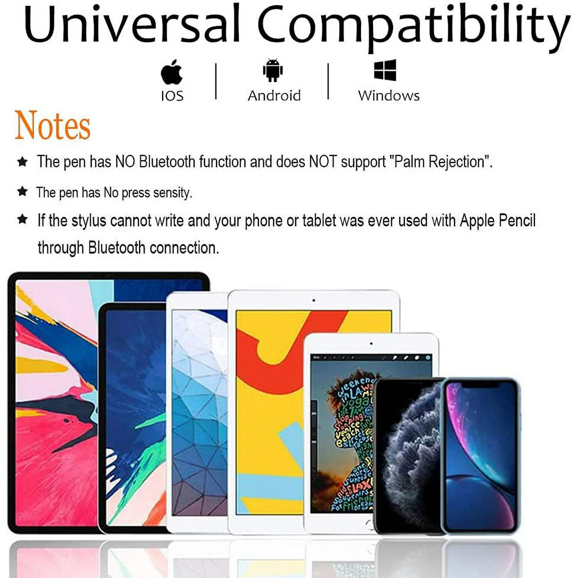 Eine Sammlung von Tablets und Telefonen mit Symbolen für iOS-, Android- und Windows-Kompatibilität.