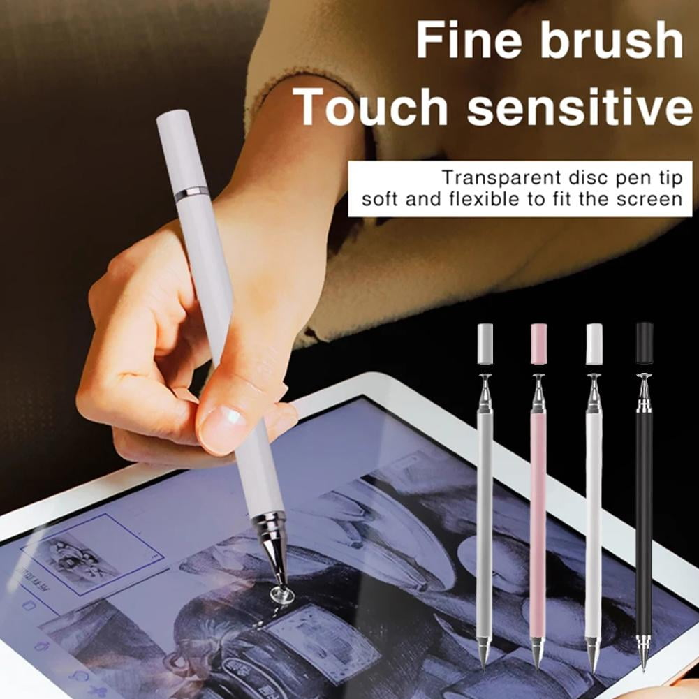 Tisch mit Stiften und einem Tablet. Stifte sind weiß, silber, rosa und schwarz.