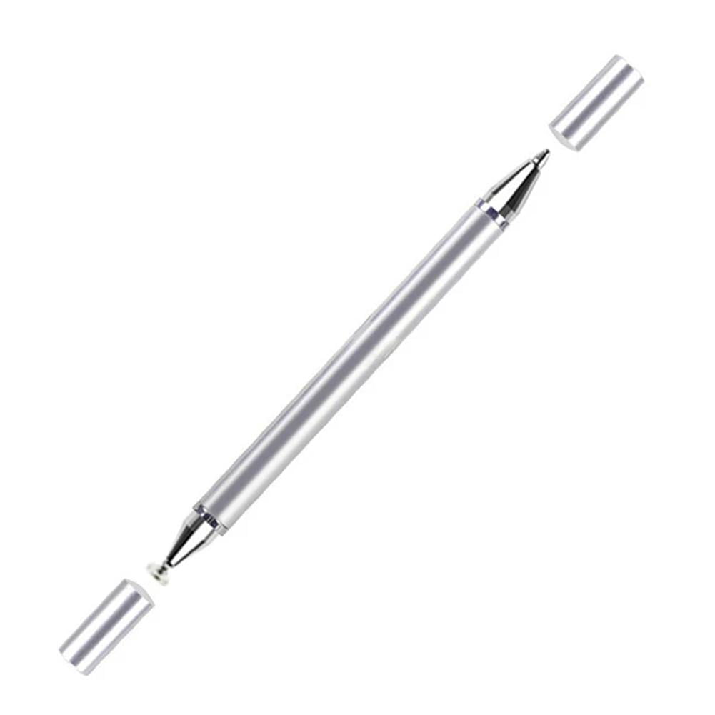 Silberner Eingabestift mit Kappen an beiden Enden. Er ist für Touchscreen-Geräte konzipiert.