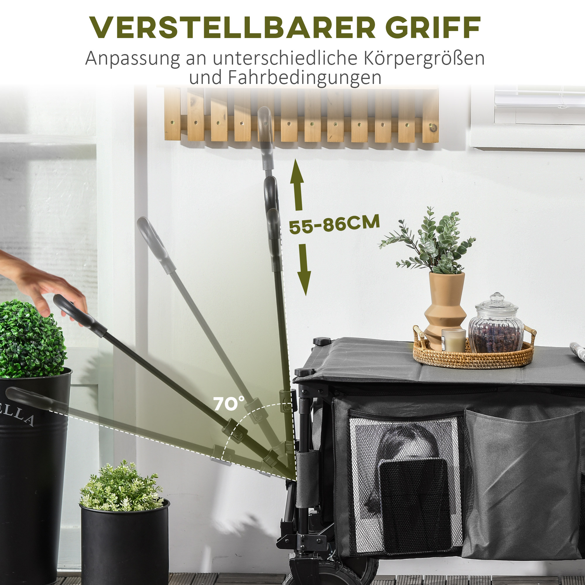 Ein schwarz-grauer Wagen mit Griff, neben Grünpflanzen. Text weist auf die Verstellbarkeit des Griffs hin.