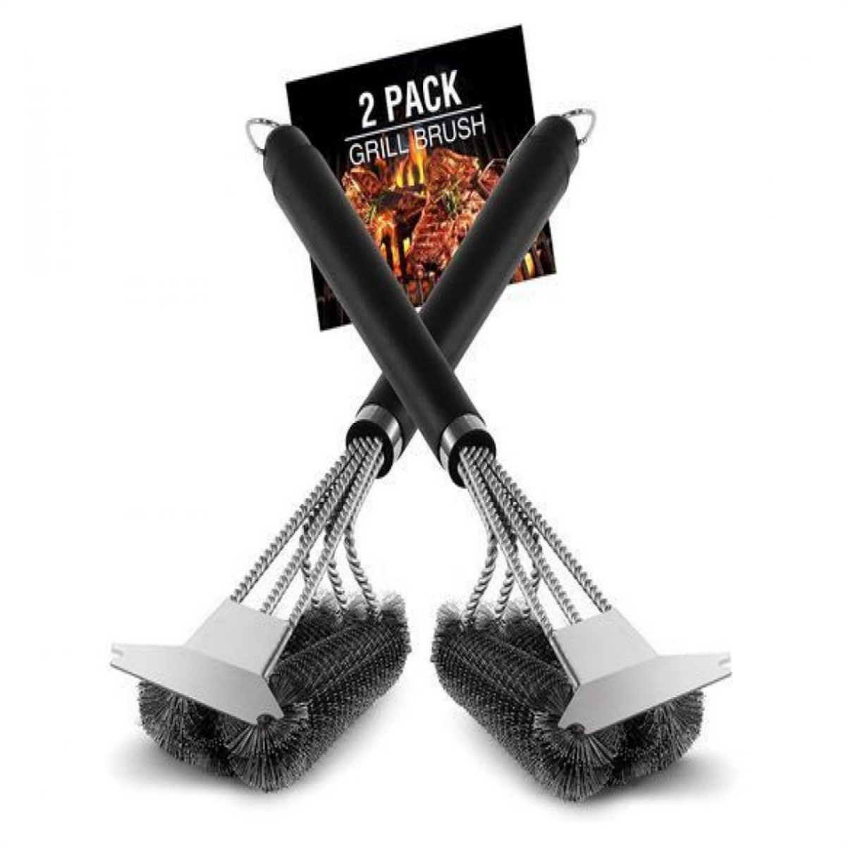 Zwei Grillbürsten gekreuzt, mit schwarzem Griff und einer 2er-Pack Grillbürstenkarte oben.
