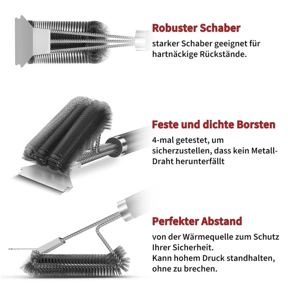 Nahaufnahme einer Grillbürste mit Schaber und Borsten, mit Text, der ihre Eigenschaften beschreibt.