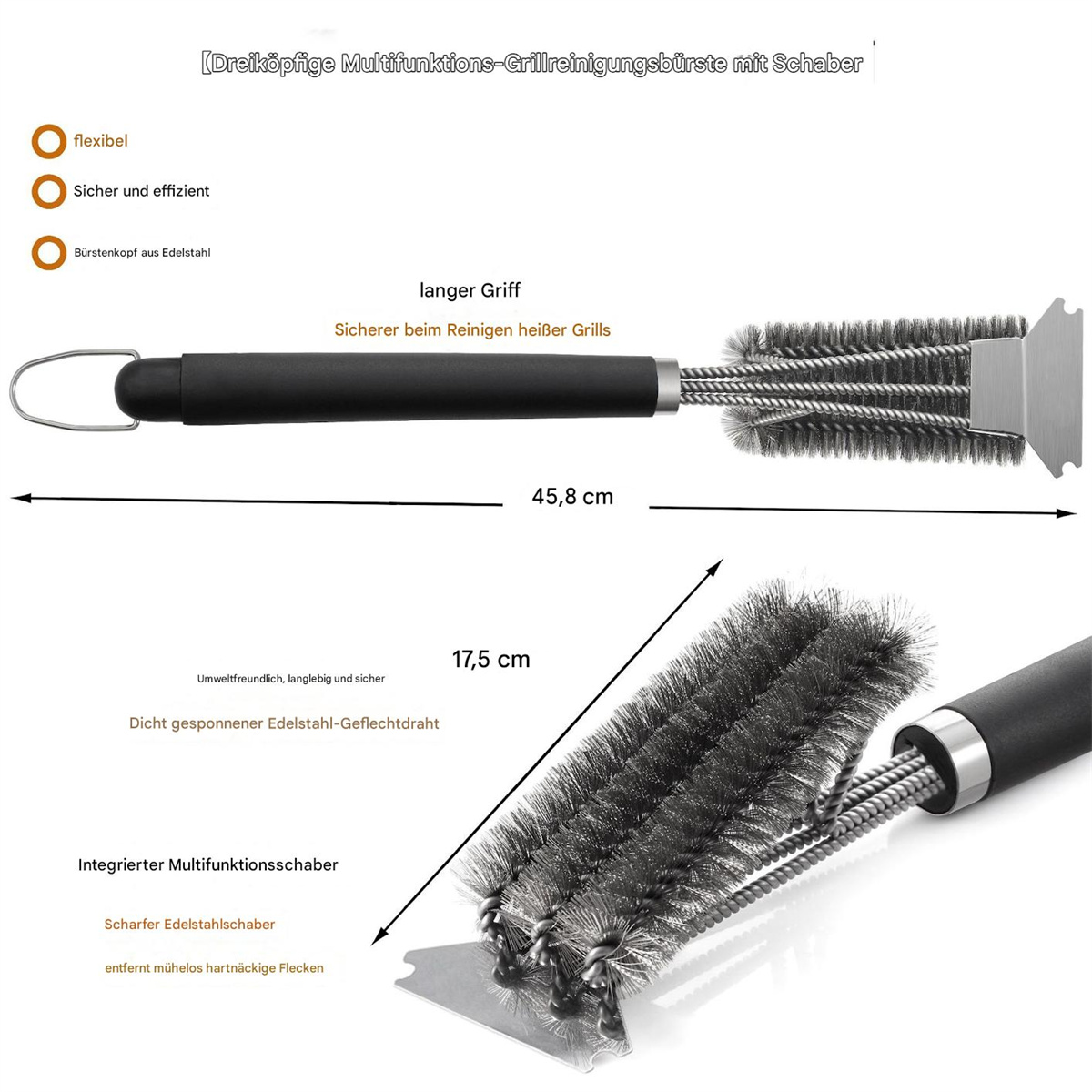 Grillbürste mit Schaber. Langer Griff, Metallborsten und ein Schaber zum Reinigen. Sie ist 45,8 cm lang.