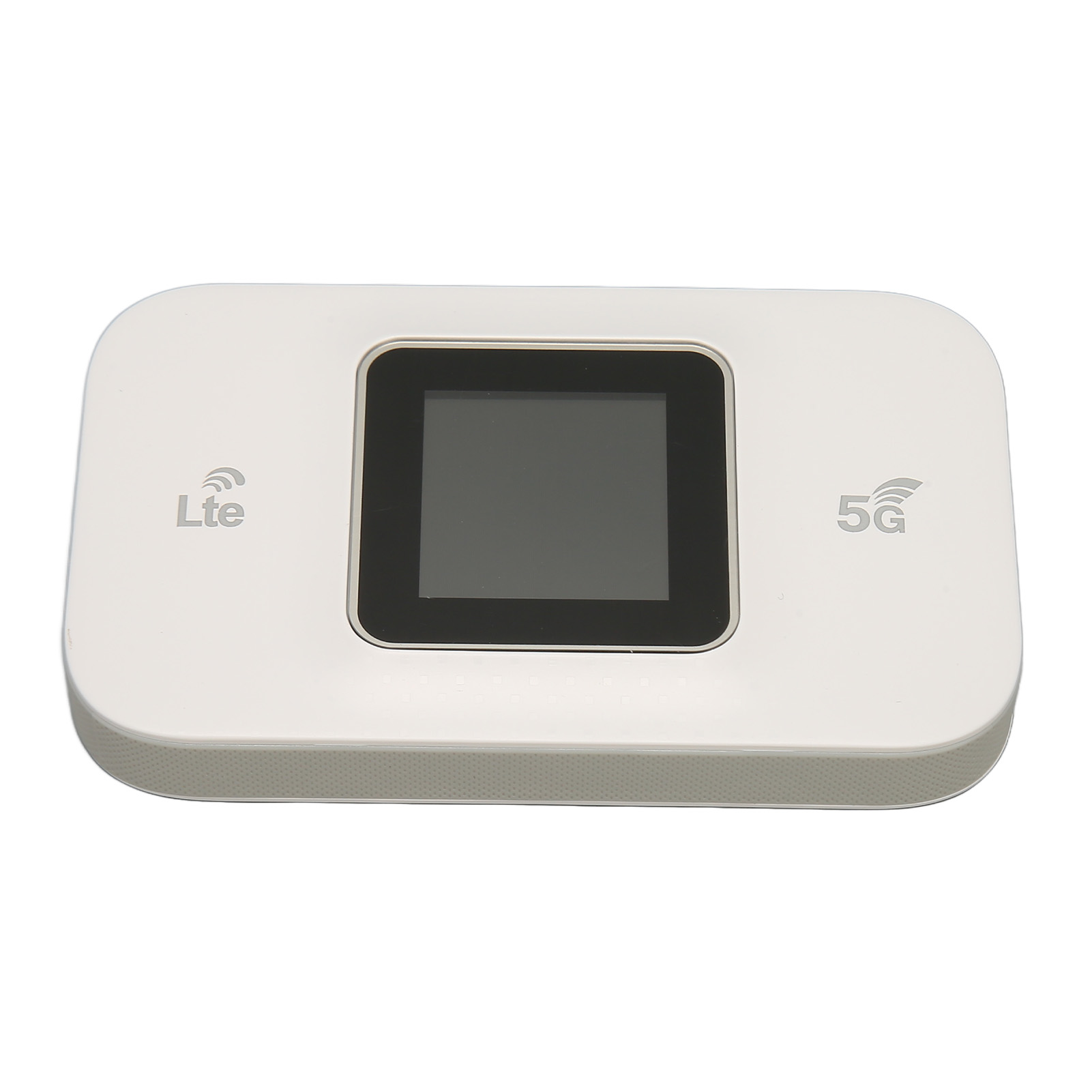 Weißer Router mit Bildschirm und 5G- und LTE-Symbolen.