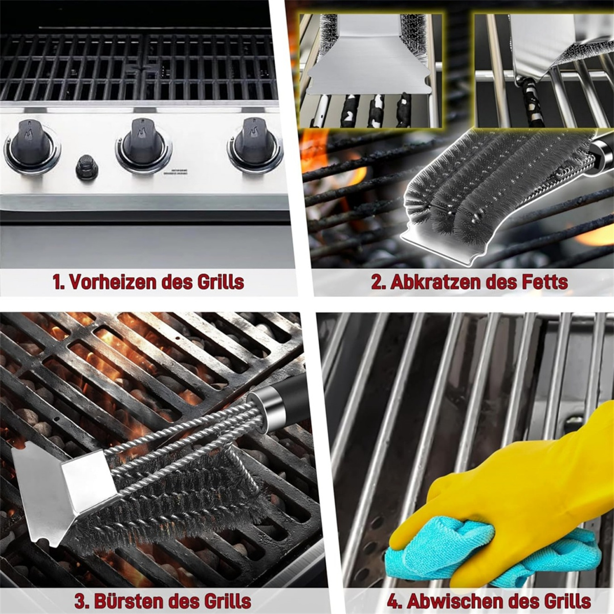 Vier Bilder, die zeigen, wie man einen Grill reinigt. Schritte: Vorheizen, Fett abkratzen, bürsten, abwischen.
