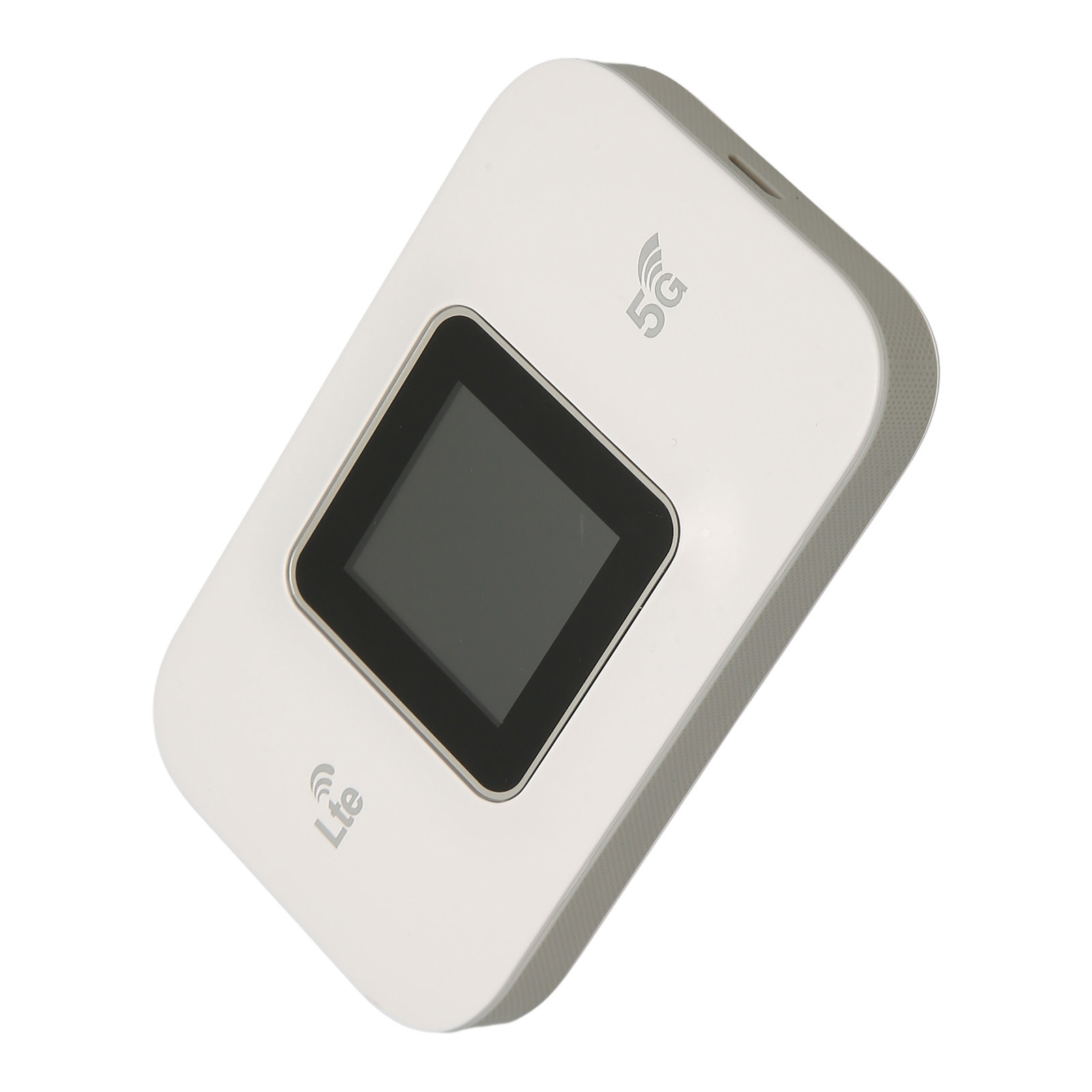 Ein weißer 5G-WLAN-Router mit schwarzem Bildschirm und LTE-Logo.