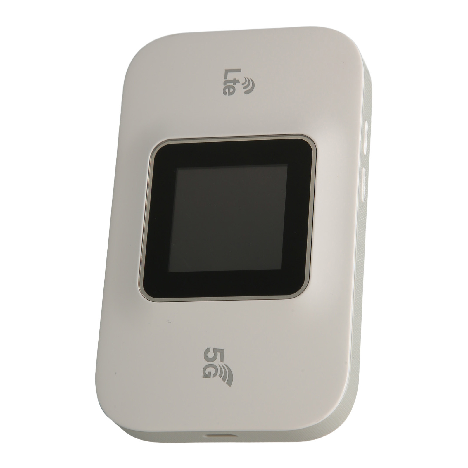 Ein weißer, rechteckiger 5G/LTE-Router mit Bildschirm. Der Router hat die 5G- und LTE-Logos.