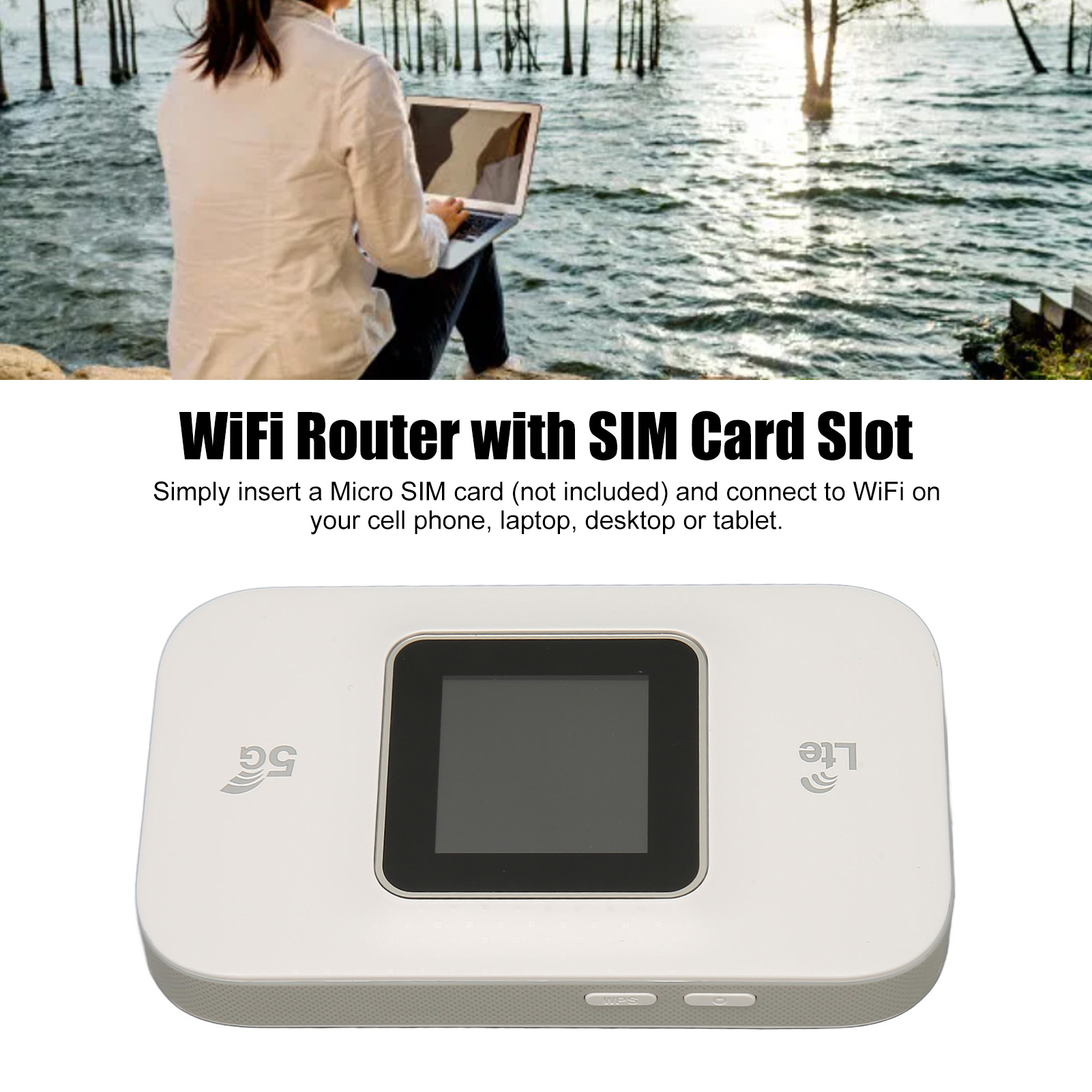 Weißer WLAN-Router mit Bildschirm und SIM-Karten-Slot, mit Text auf dem Bild.