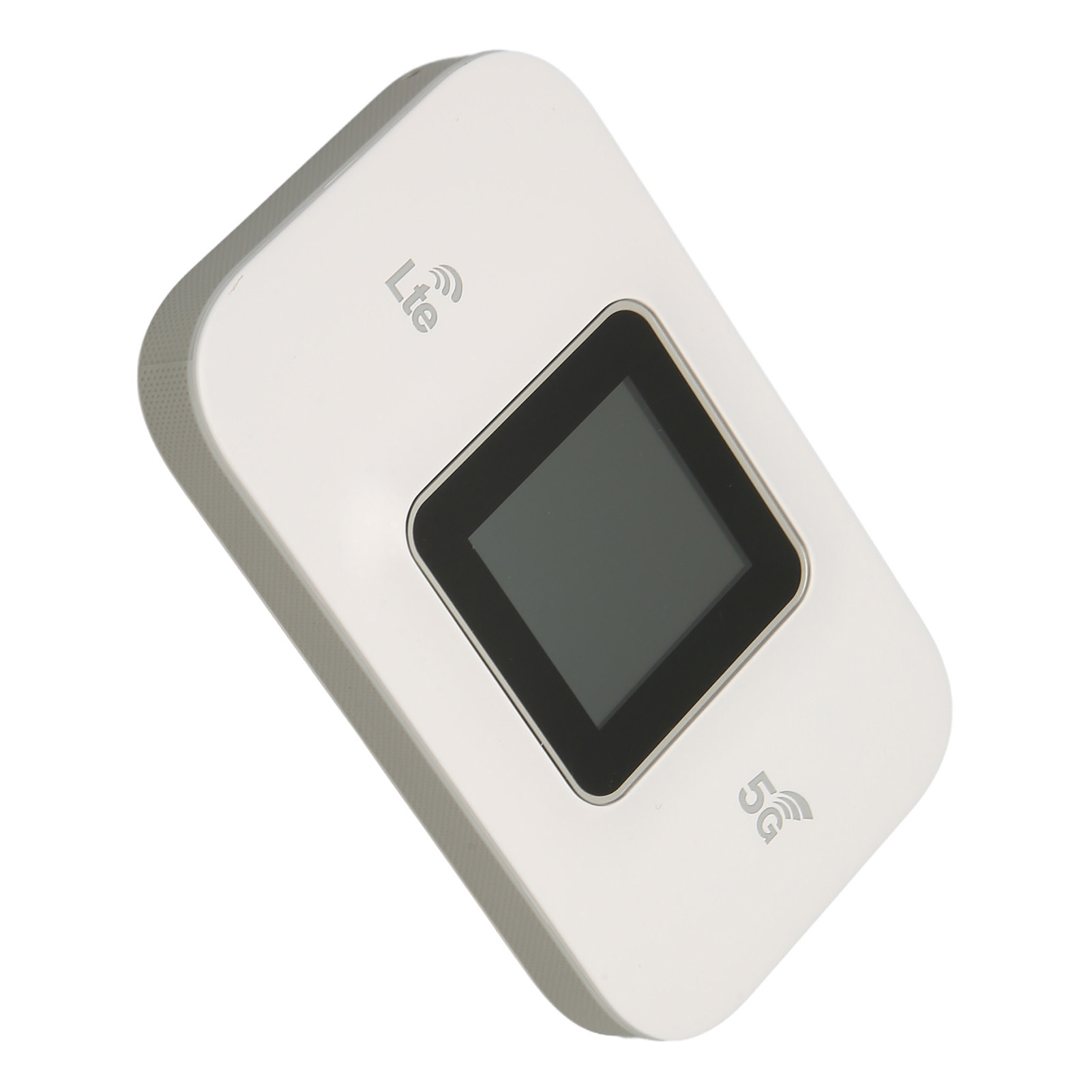 Weißer und grauer 5G-Router mit LCD-Bildschirm. Das Gerät hat LTE- und 5G-Kennzeichnungen.