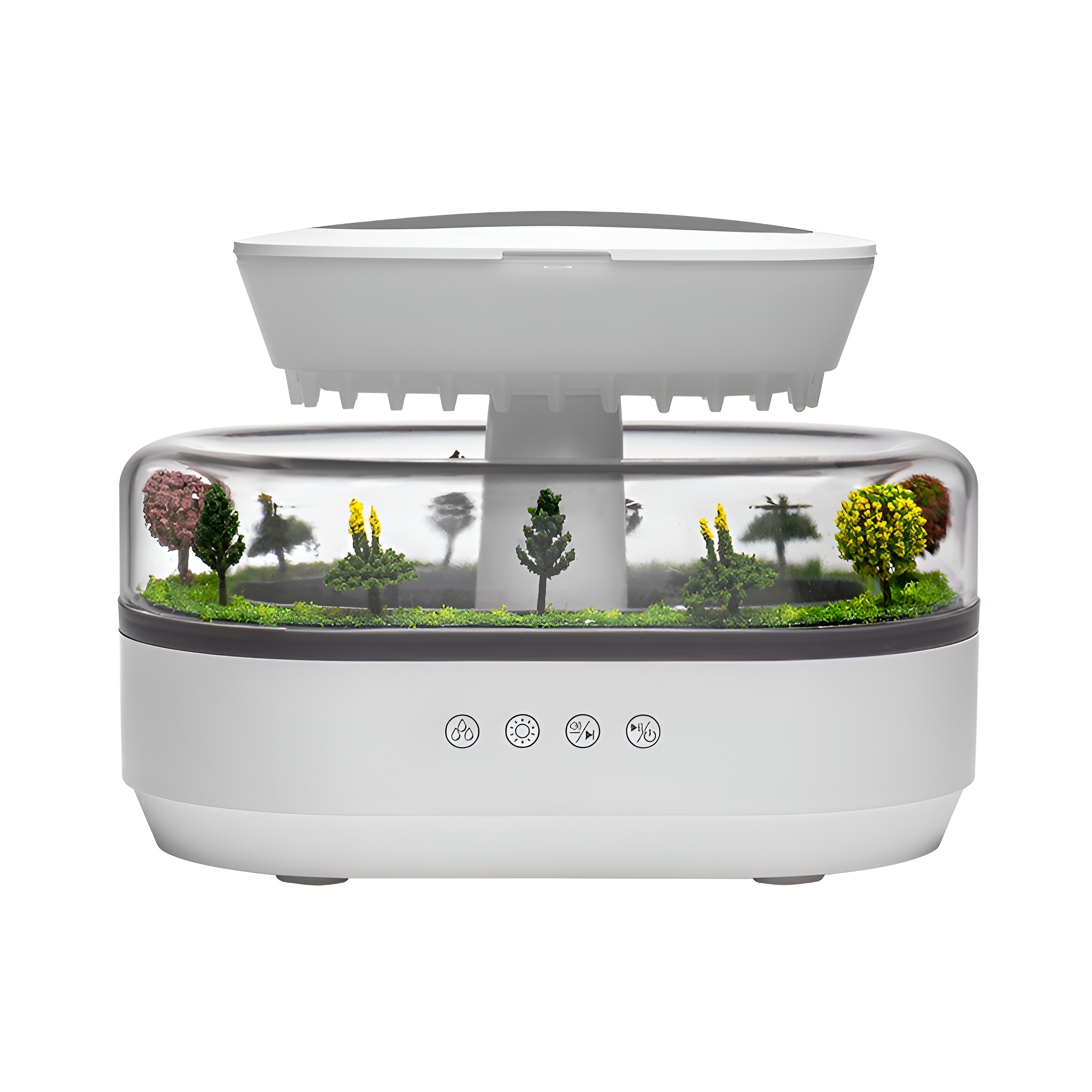 Weißes Terrarium mit Miniaturbäumen und Pflanzen, weißem Oberteil und Bedienfeld.