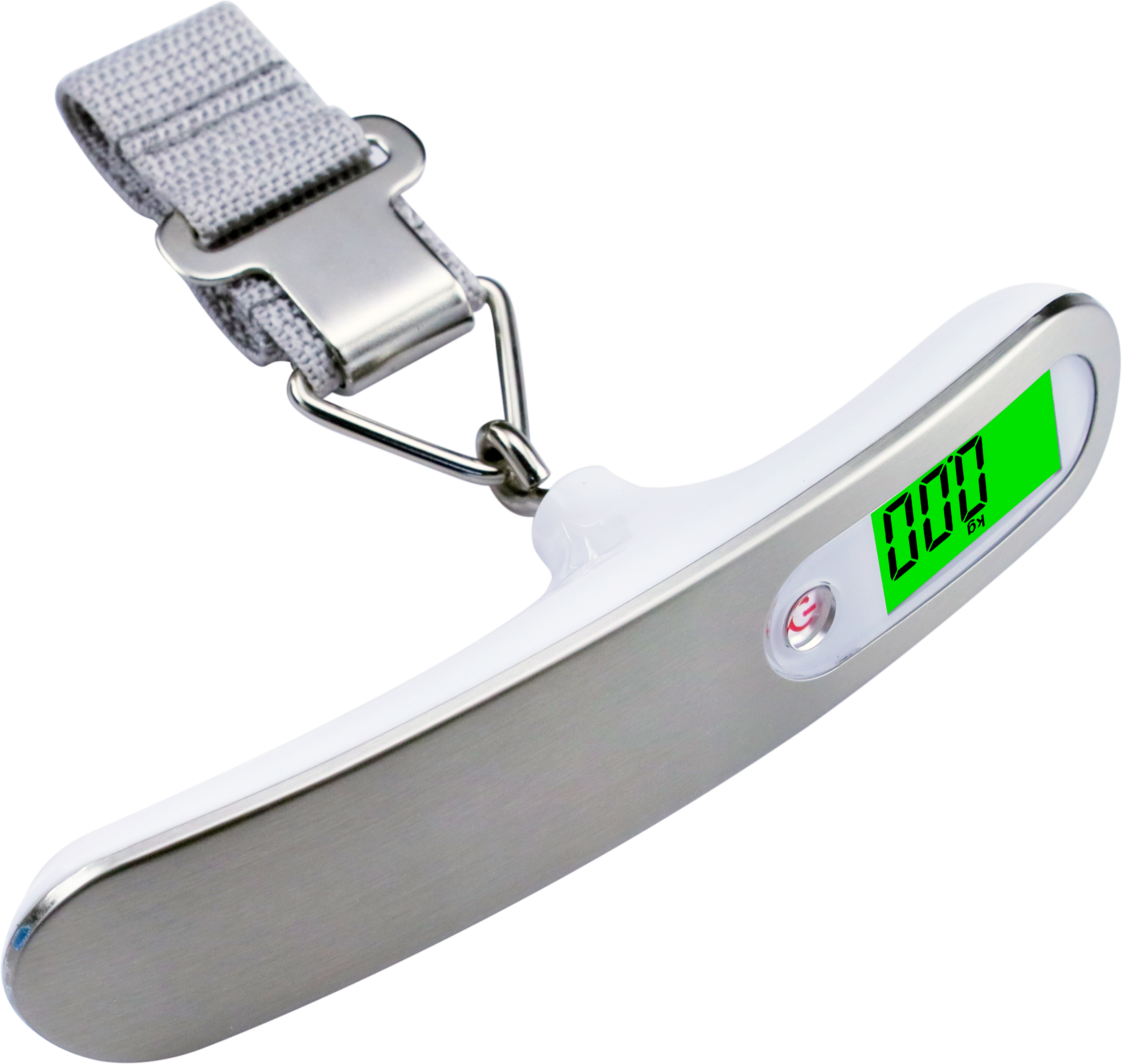 Weiße Gepäckwaage mit digitaler Anzeige. Die Anzeige zeigt 000 kg. Grauer Gurt.