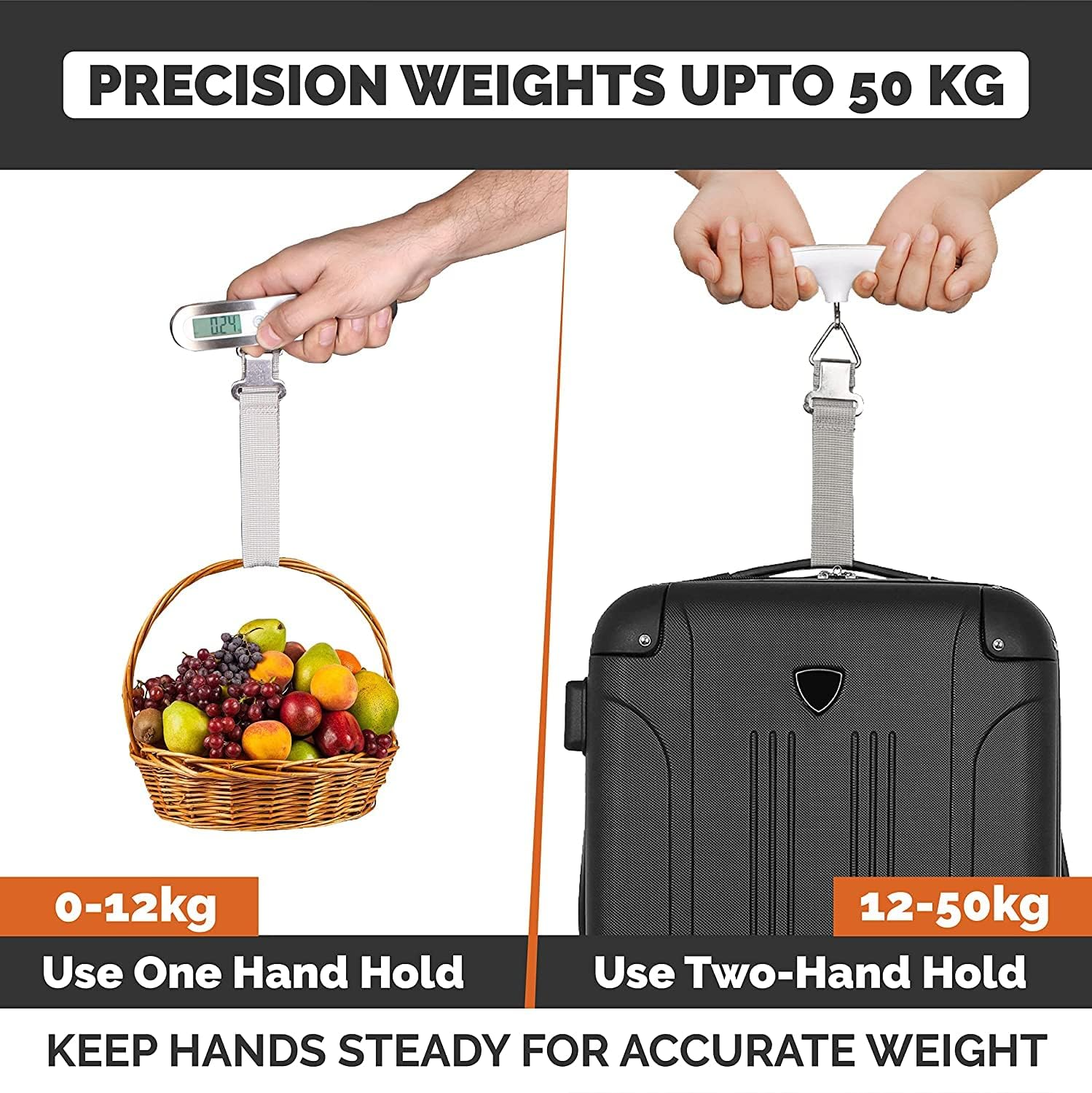 Zwei Hände halten einen Korb mit Früchten und einen Koffer. Eine Waage zeigt das Gewicht in Kilogramm an.