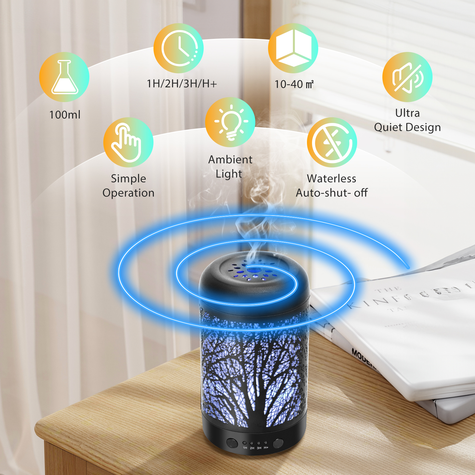 Schwarzer Aroma-Diffusor mit Baumdesign, blauem Licht und Symbolen. Auf einem Holztisch.