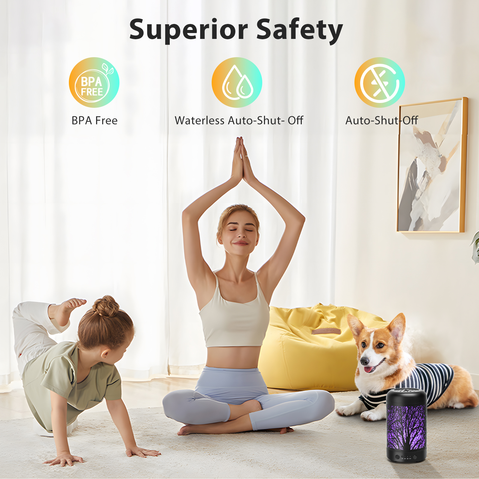 Eine Frau und ein Kind machen Yoga, ein Hund sitzt in der Nähe eines Lautsprechers. Text: 'Superior Safety'.
