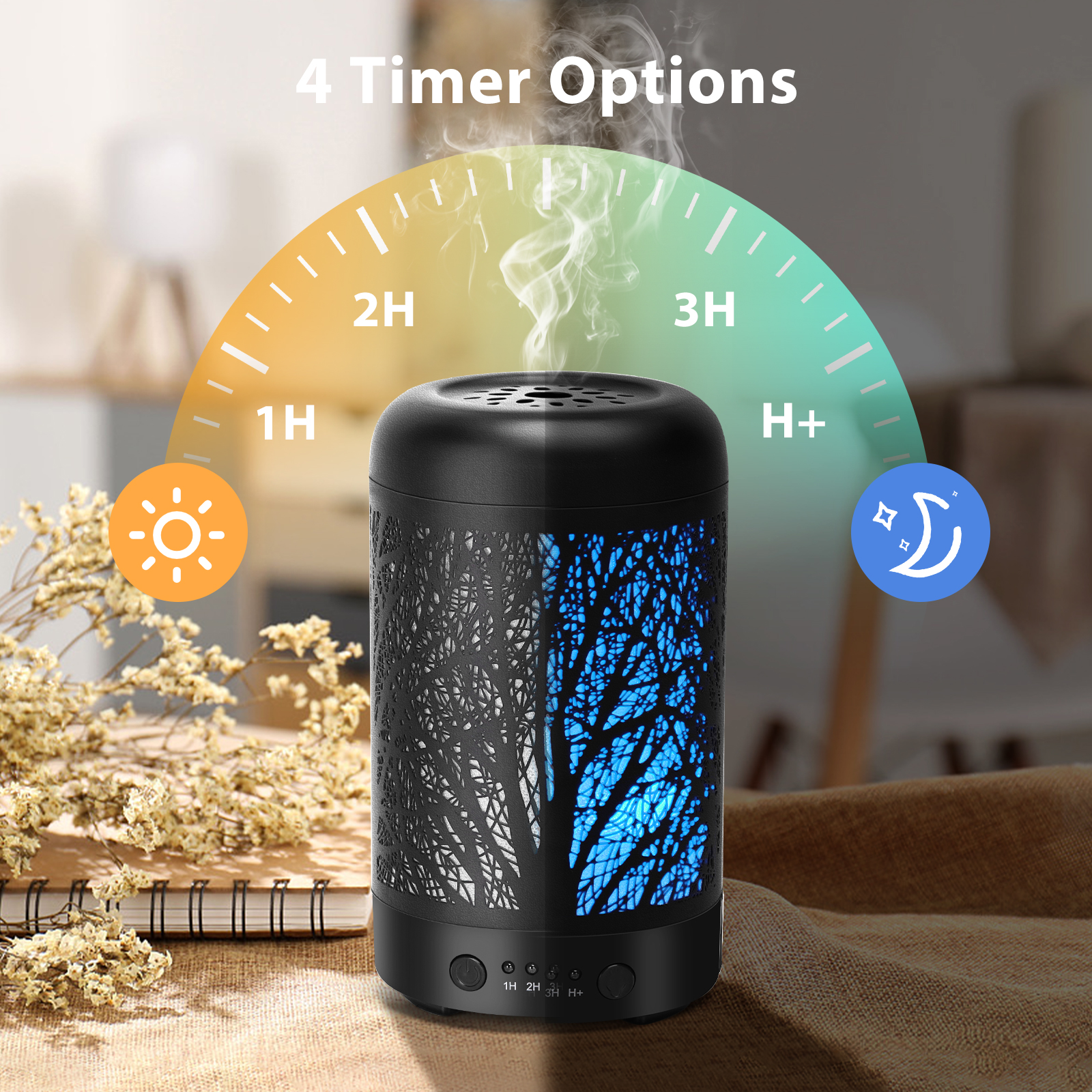 Schwarzer Diffusor mit blauem Licht und Timeroptionen.