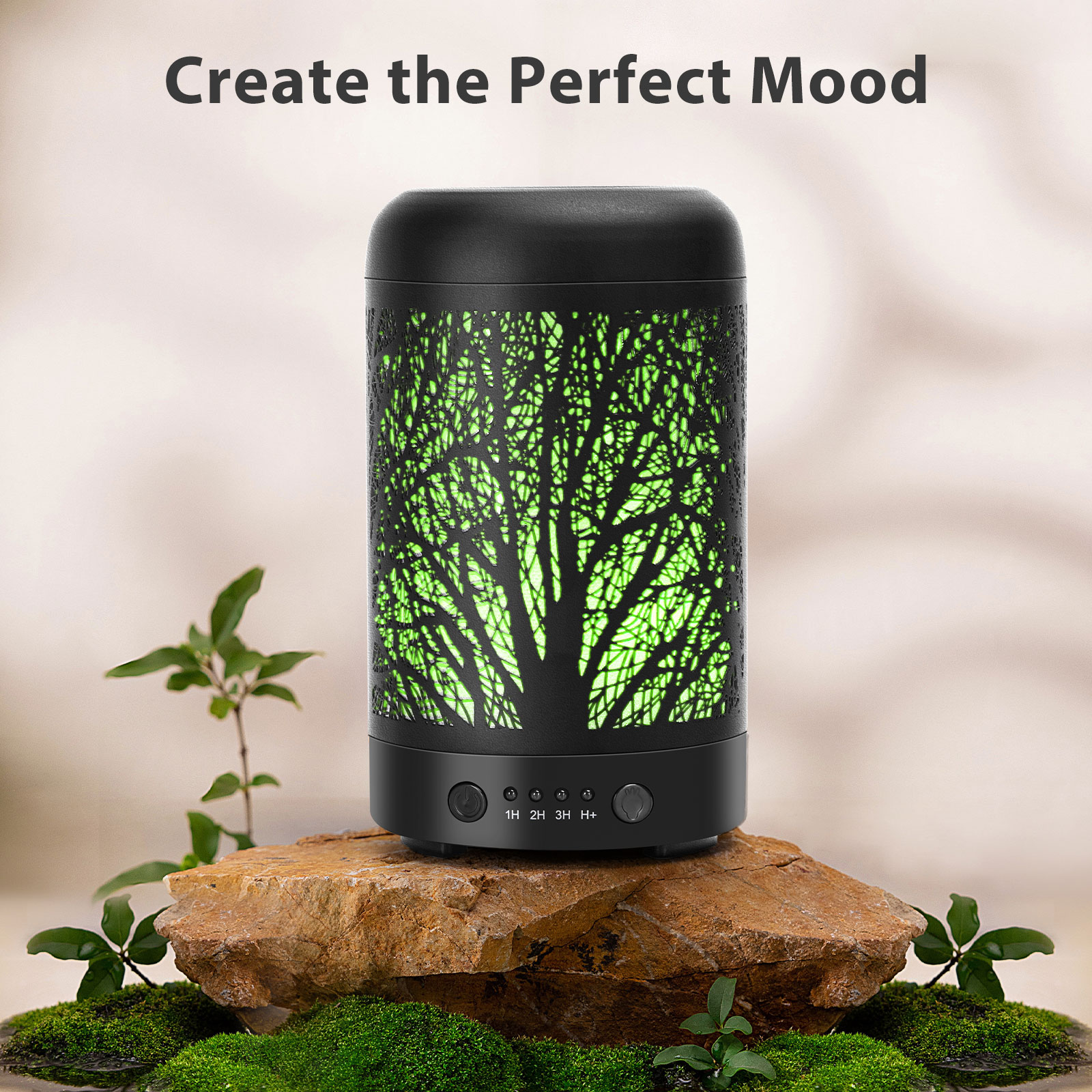 Schwarzes Aromatherapiegerät auf einem Felsen mit grünen Pflanzen, grünes Licht vom Baumdesign.