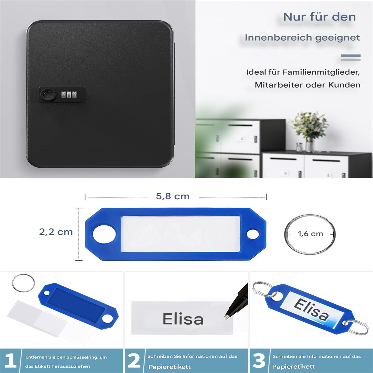 Schwarzer Schlüsselsafe, Schlüsselanhänger mit Maßen und Anweisungen zum Beschriften.