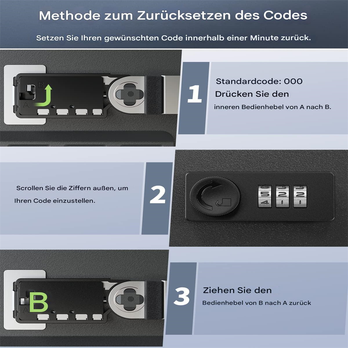 Anweisungen zum Zurücksetzen eines Codeschlosses. Zeigt Schritte 1-3 mit Bildern und Text, erklärt den Vorgang.