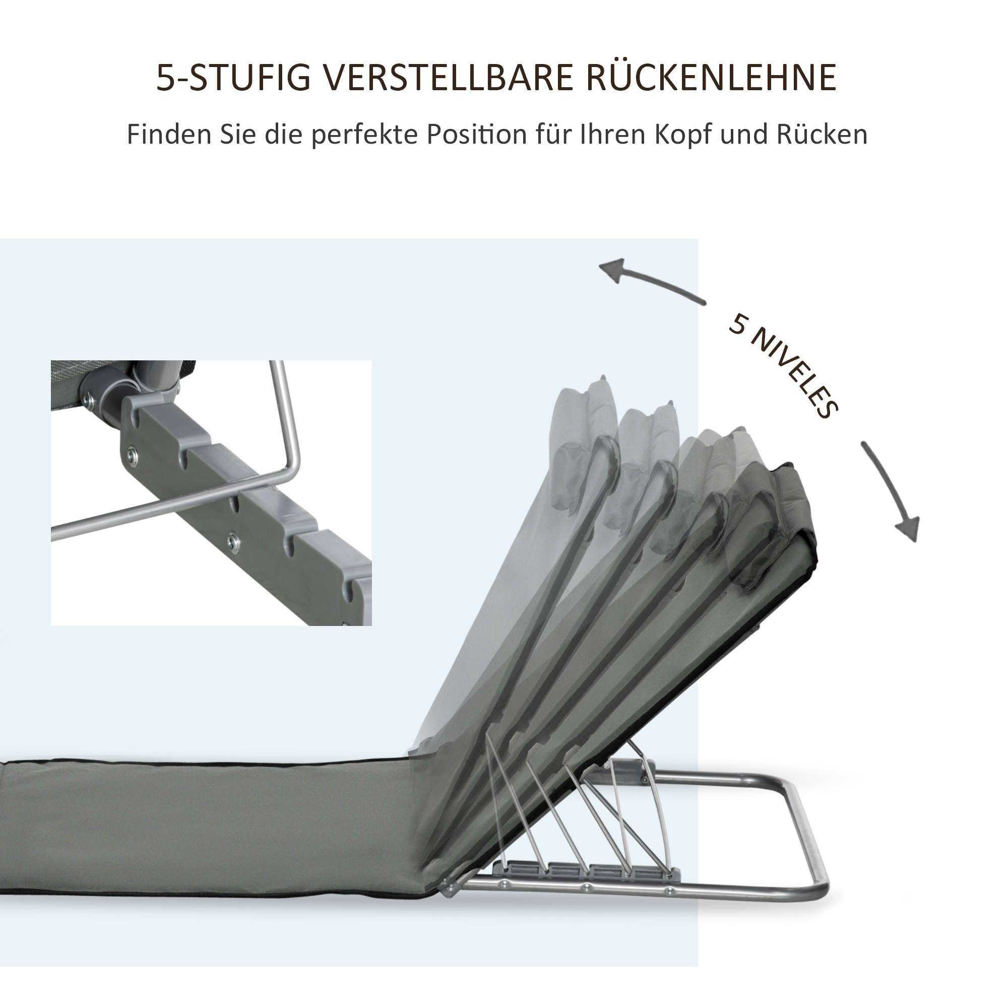 Die Rückenlehne eines Stuhls wird in verschiedene Positionen gebracht. Pfeile und Text zeigen die Anpassung an.
