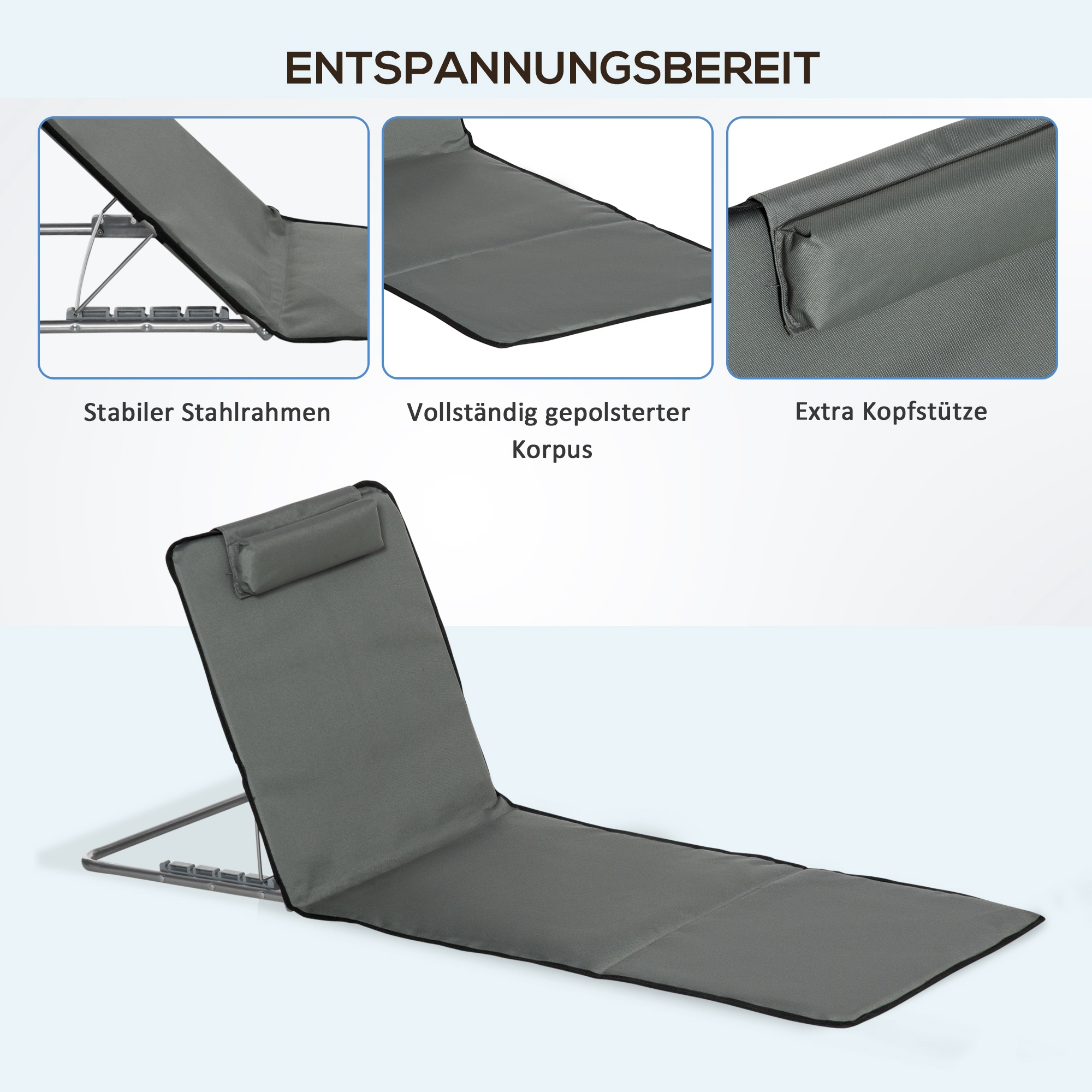 Ein grauer, faltbarer, gepolsterter Strandstuhl. Zu den Merkmalen gehören eine Kopfstütze und ein Metallrahmen.