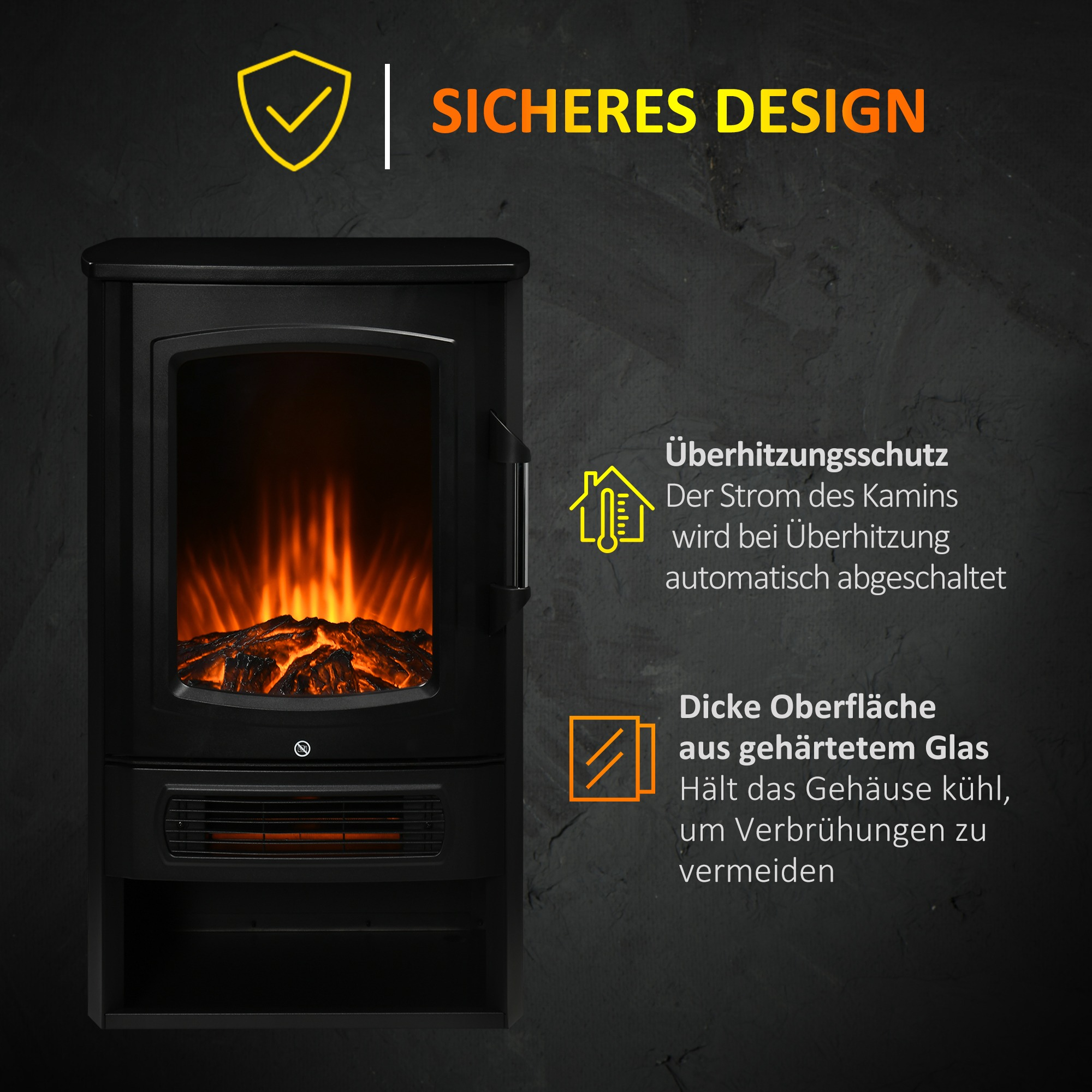 Schwarzer Elektrokamin mit flammendem Effekt. Merkmale umfassen Überhitzungsschutz und Glasoberfläche.