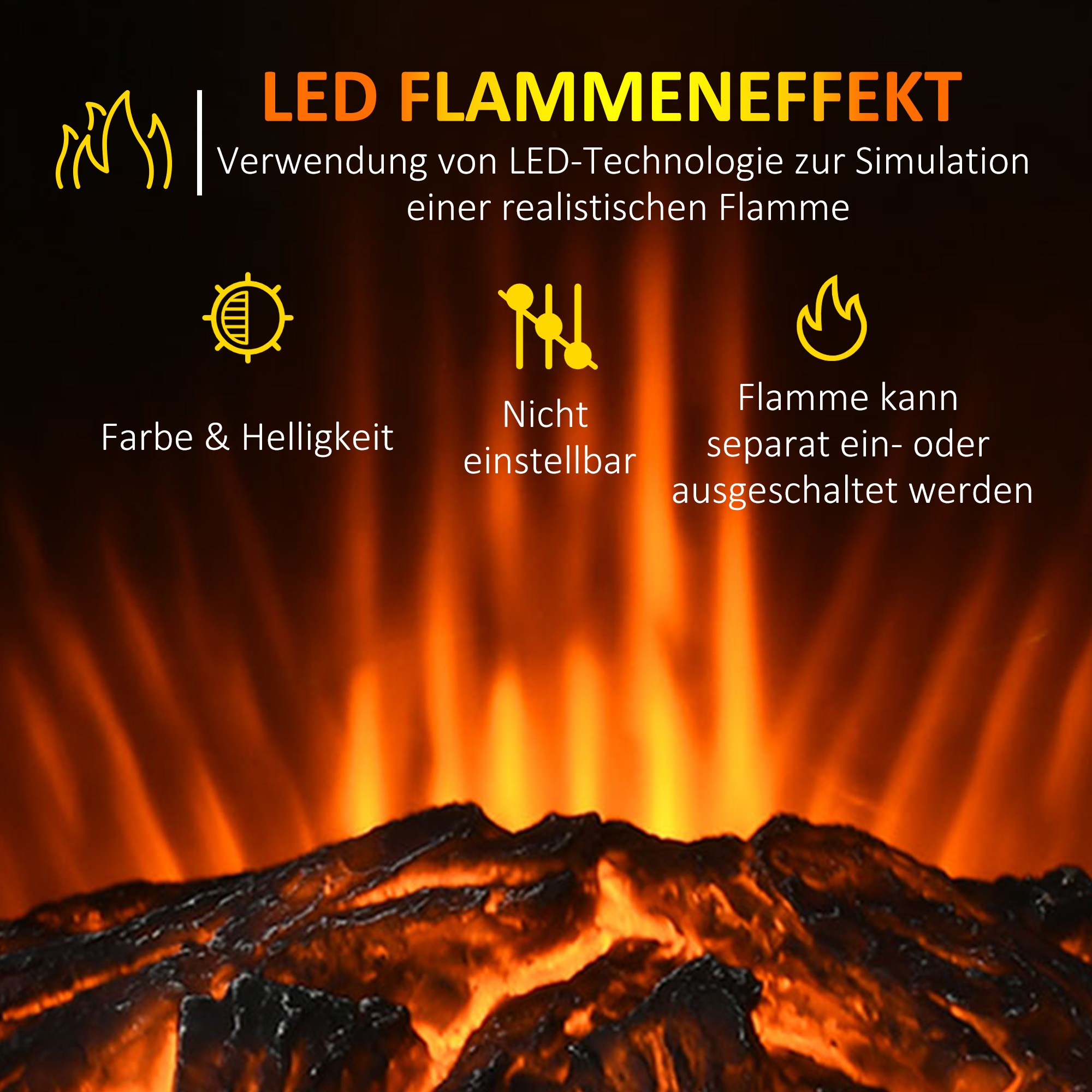 Elektrischer Kamin mit Flammeneffekt auf schwarzem Hintergrund, zeigt Schlüsselfunktionen.