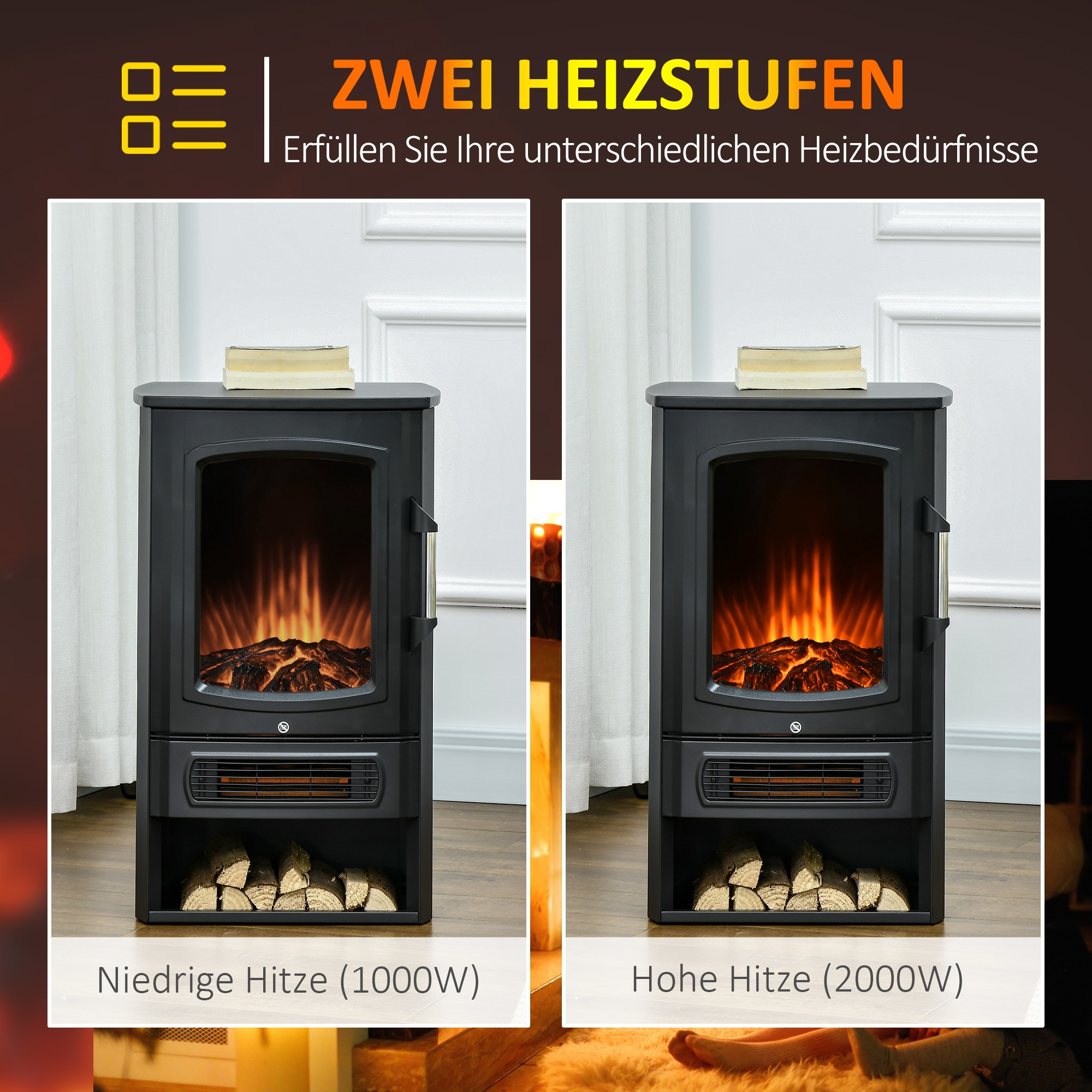 Zwei elektrische Kamine, die zwei Heizeinstellungen zeigen: niedrig und hoch.