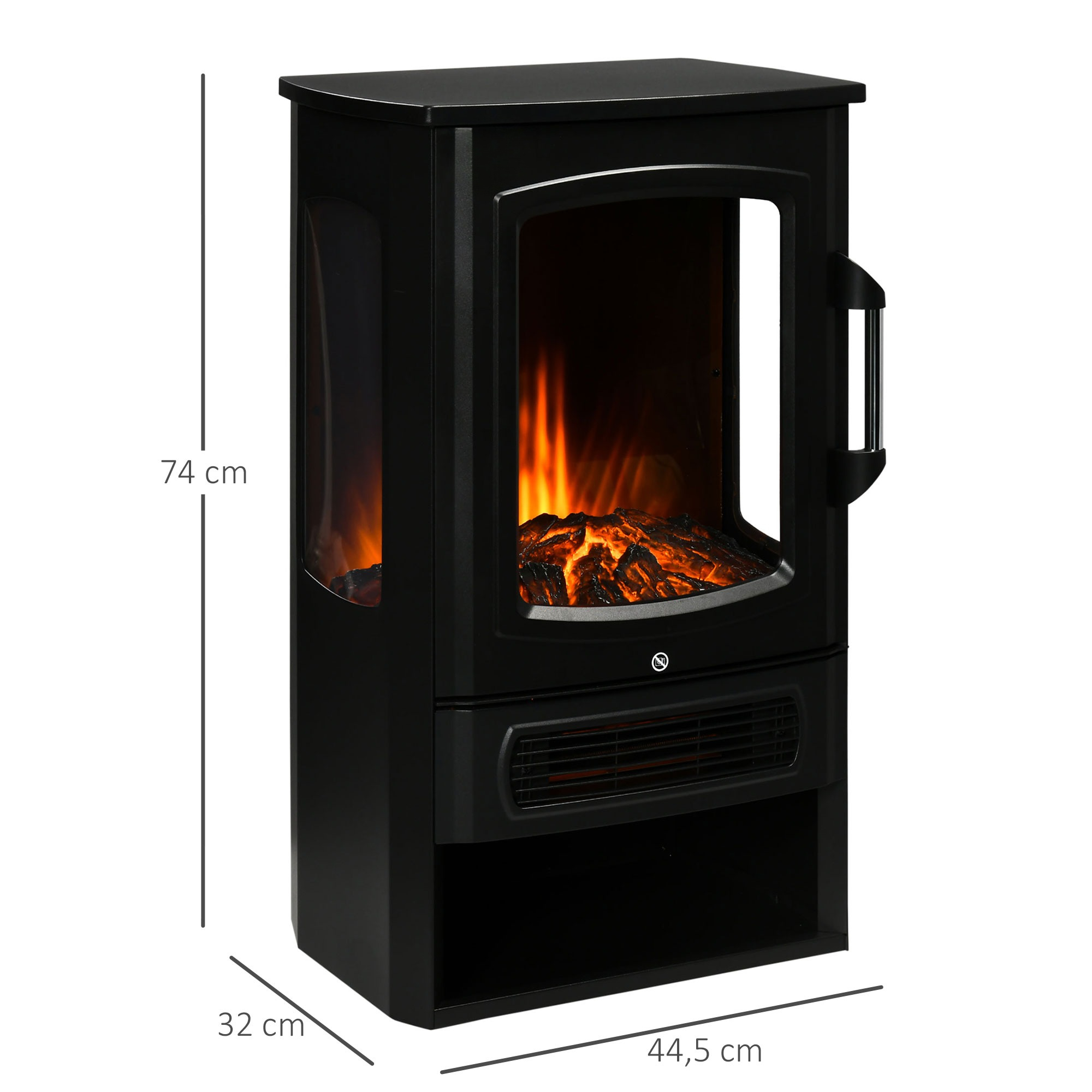 Schwarzer Elektrokamin mit Maßen. Flammen im Glas. Schwarzer Hintergrund.