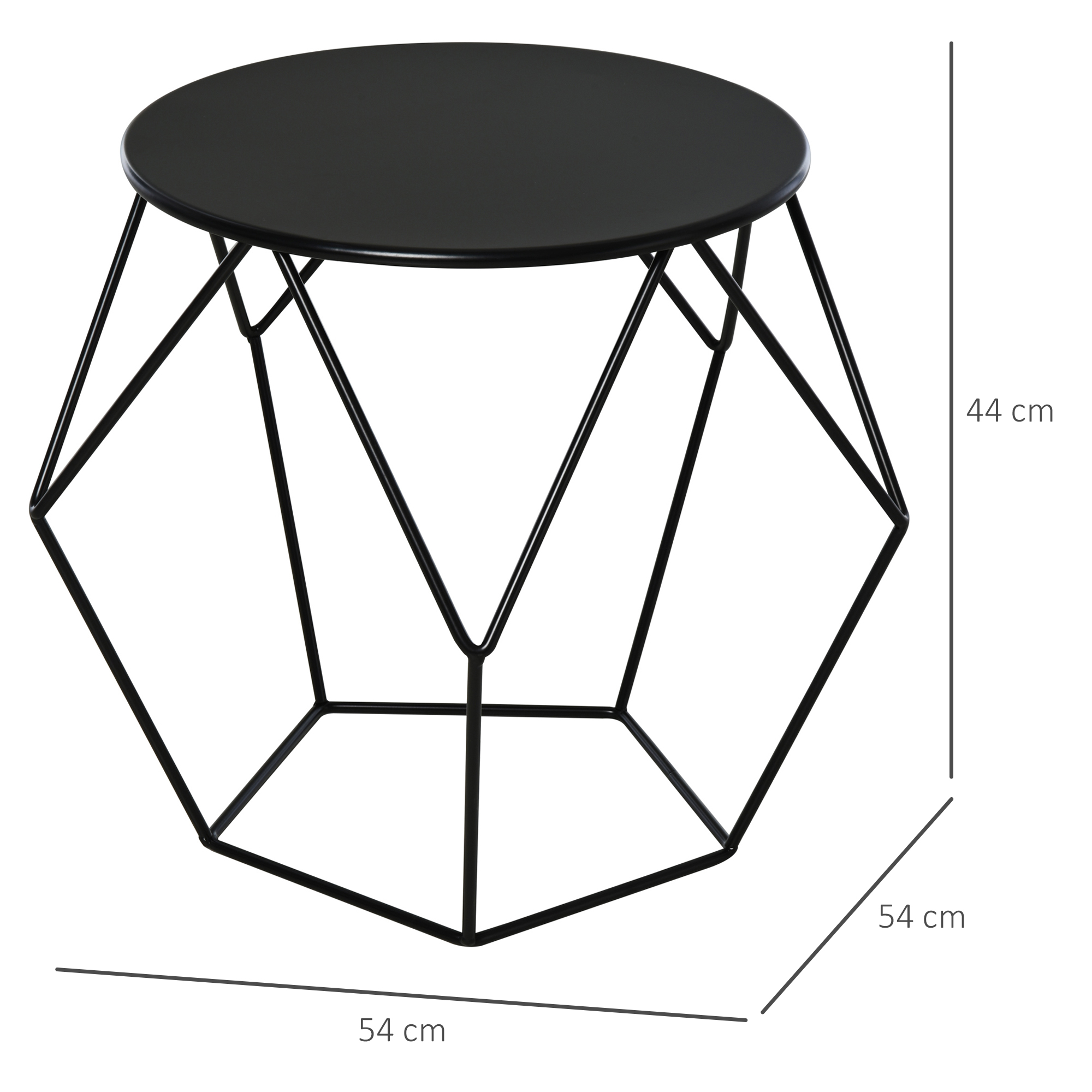 Tavolino laterale geometrico nero con dimensioni etichettate, su sfondo bianco.