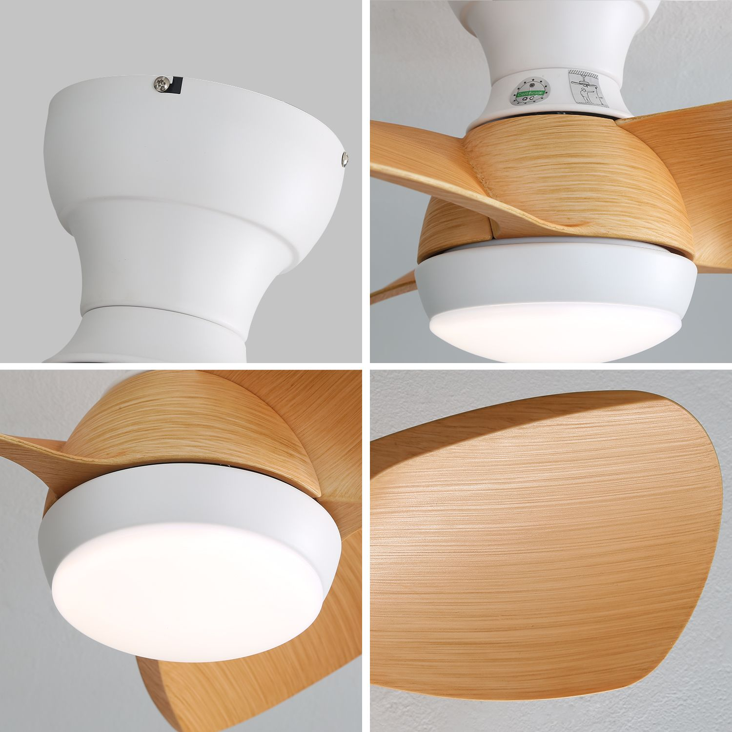 Vier detaillierte Bilder eines Deckenventilators. Der Ventilator ist weiß und hat Holzoptik-Flügel.