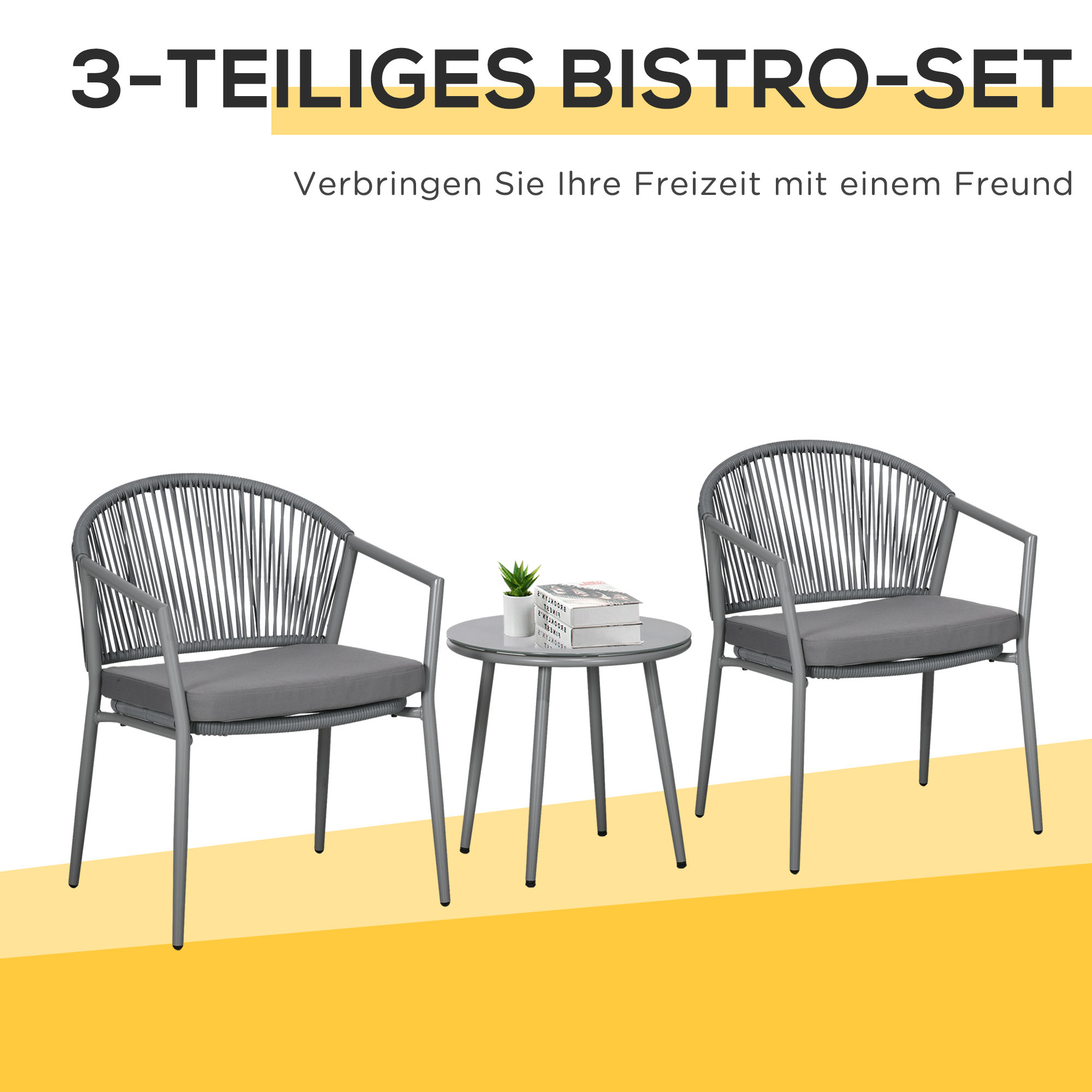 Bistrotisch-Set mit zwei Stühlen und einem kleinen Tisch, alles grau.