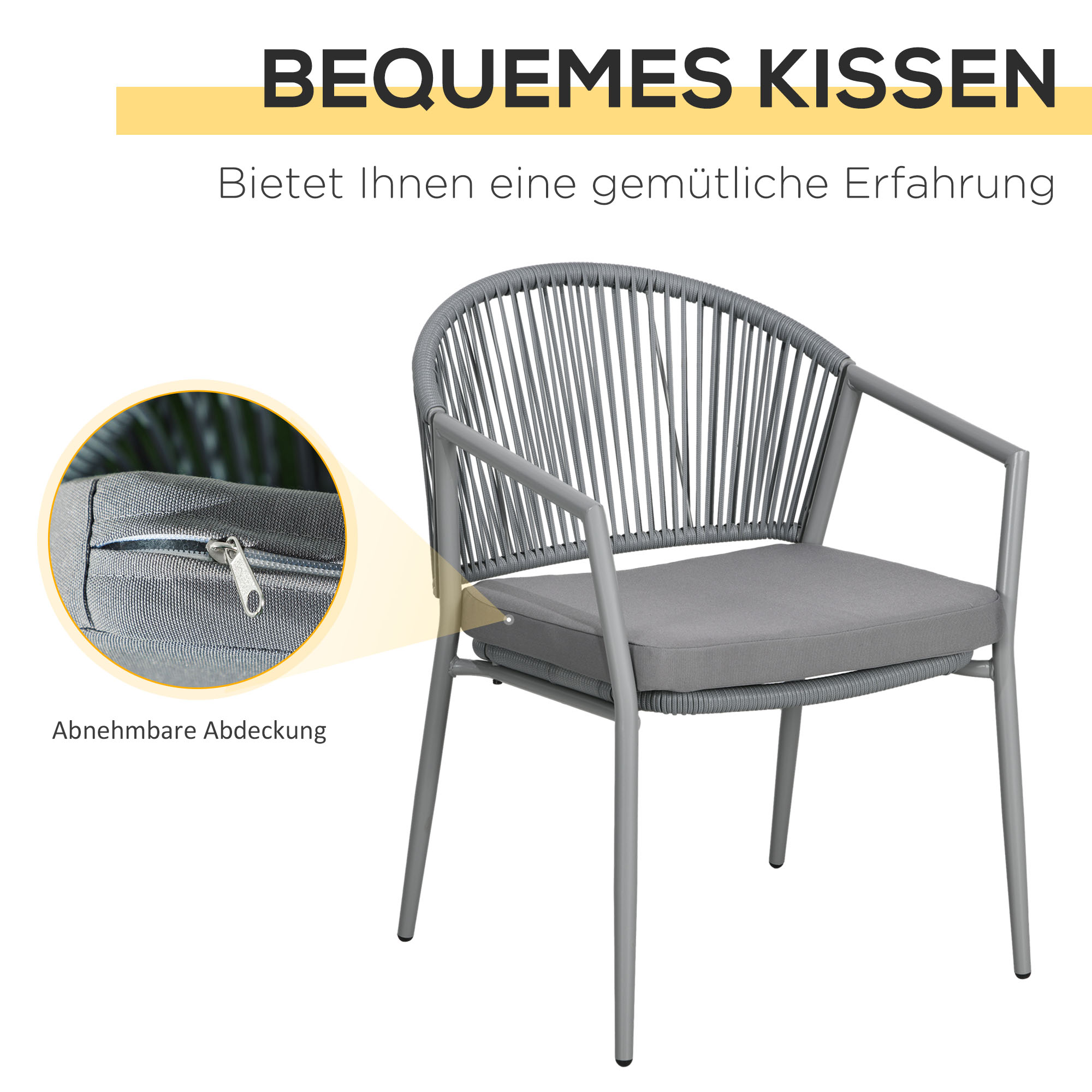 Ein grauer Stuhl mit einem Kissen und einem Reißverschlussdetail. Der Stuhl steht vor weißem Hintergrund.