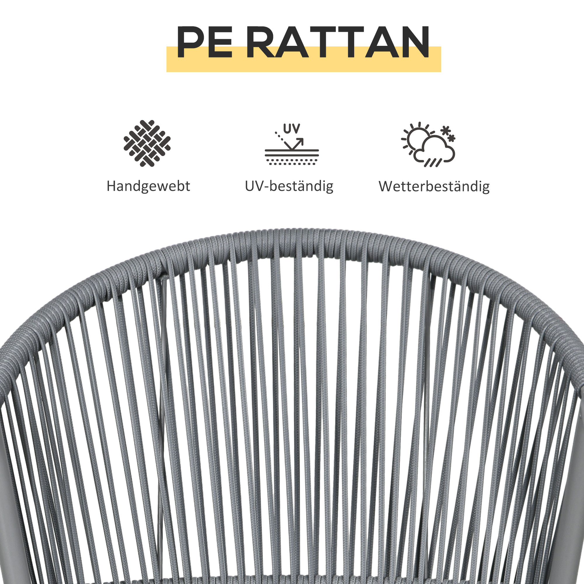Nahaufnahme eines grauen PE-Rattan-Stuhls mit Webart, UV-Schutz und wetterbeständigen Symbolen.