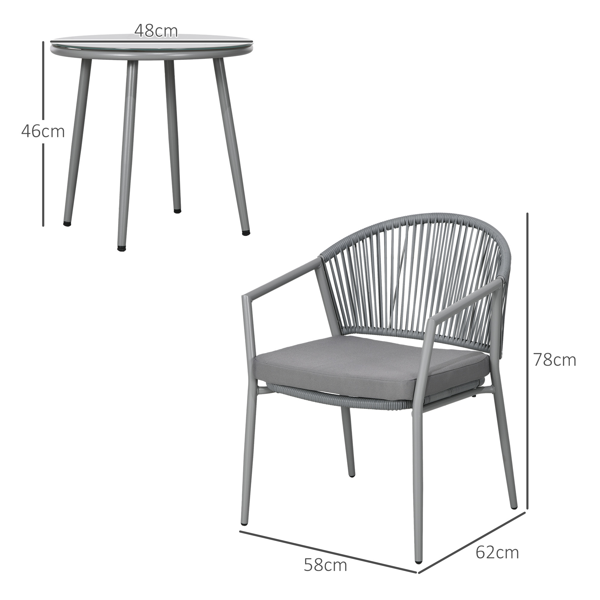 Graues Outdoor-Tisch- und Stuhl-Set. Der Tisch ist rund. Der Stuhl hat eine Seilrückenlehne und ein graues Kissen.