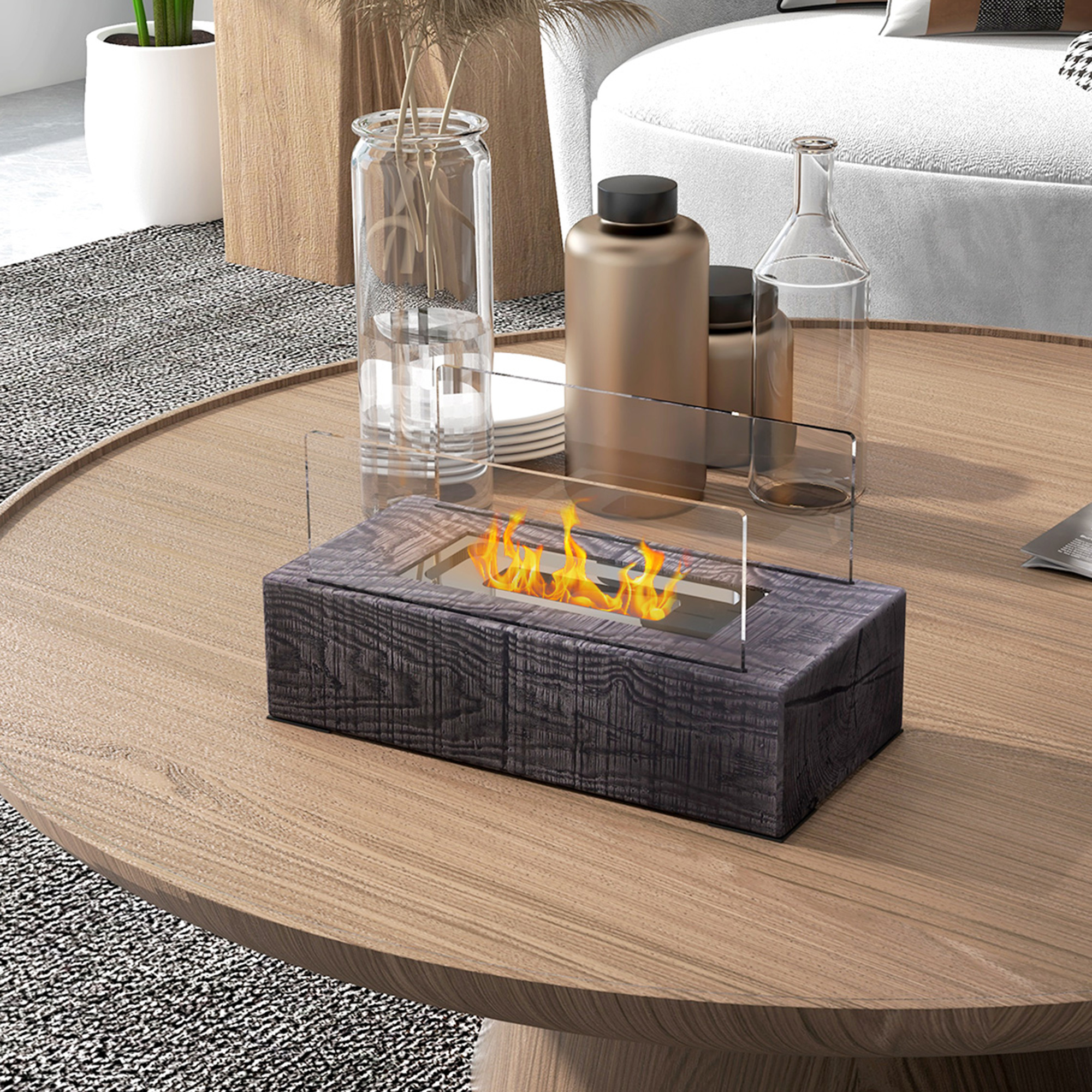 Couchtisch mit eingebautem Kamin, mit brennenden Flammen.