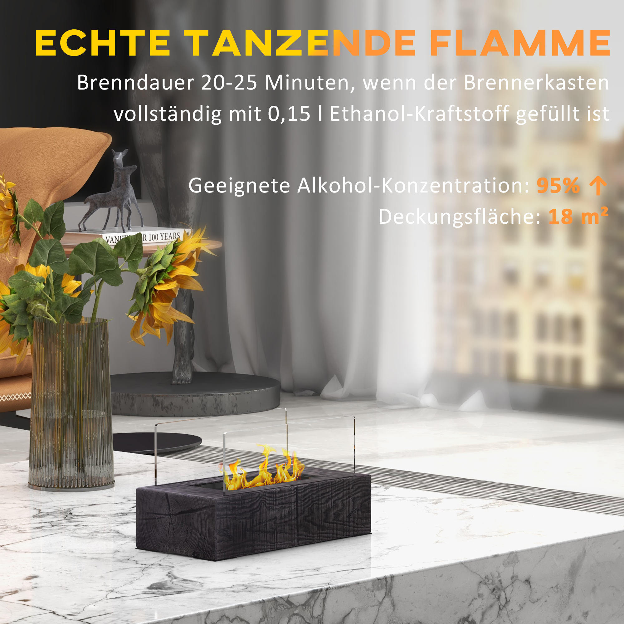 Dekorativer Kamin mit brennender Flamme, Text auf Deutsch. Blumen und Dekoration sind sichtbar.